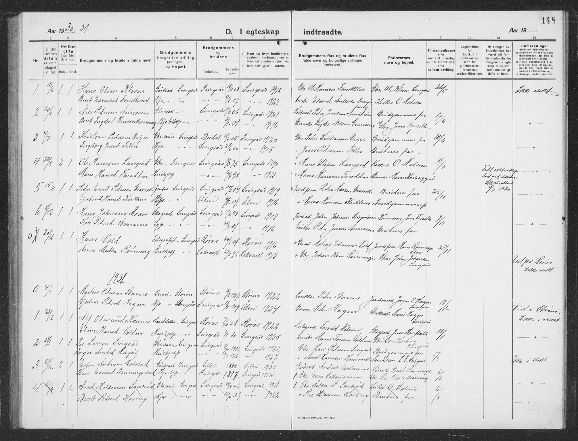 Ministerialprotokoller, klokkerbøker og fødselsregistre - Sør-Trøndelag, SAT/A-1456/688/L1030: Parish register (copy) no. 688C05, 1916-1939, p. 148