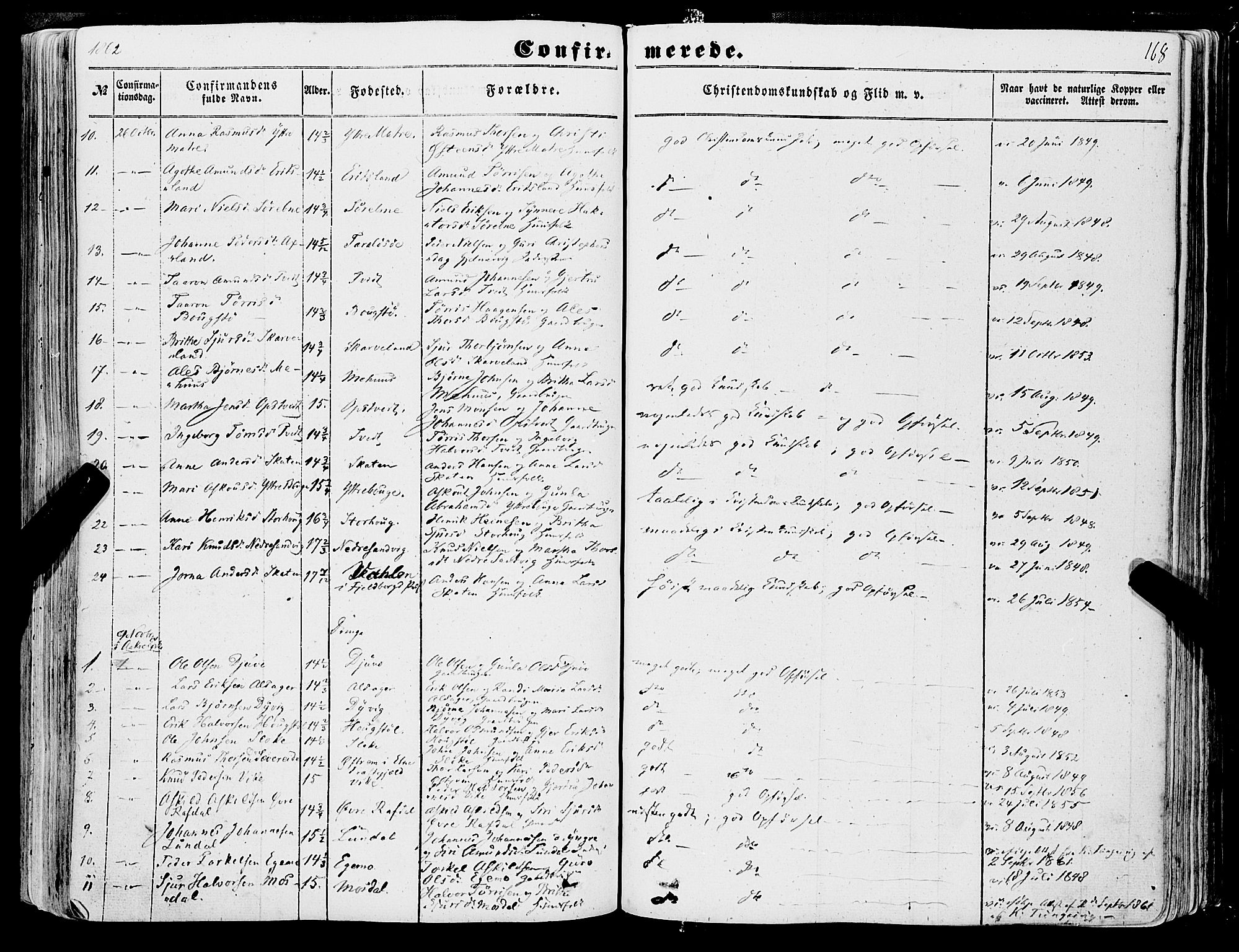 Skånevik sokneprestembete, SAB/A-77801/H/Haa: Parish register (official) no. A 5I, 1848-1869, p. 168