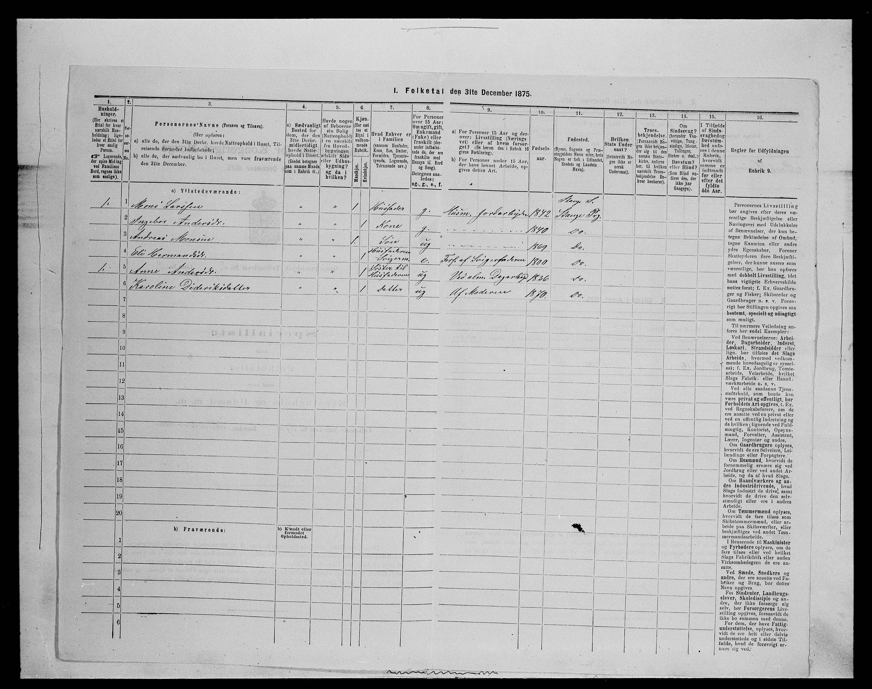 SAH, 1875 census for 0417P Stange, 1875, p. 285