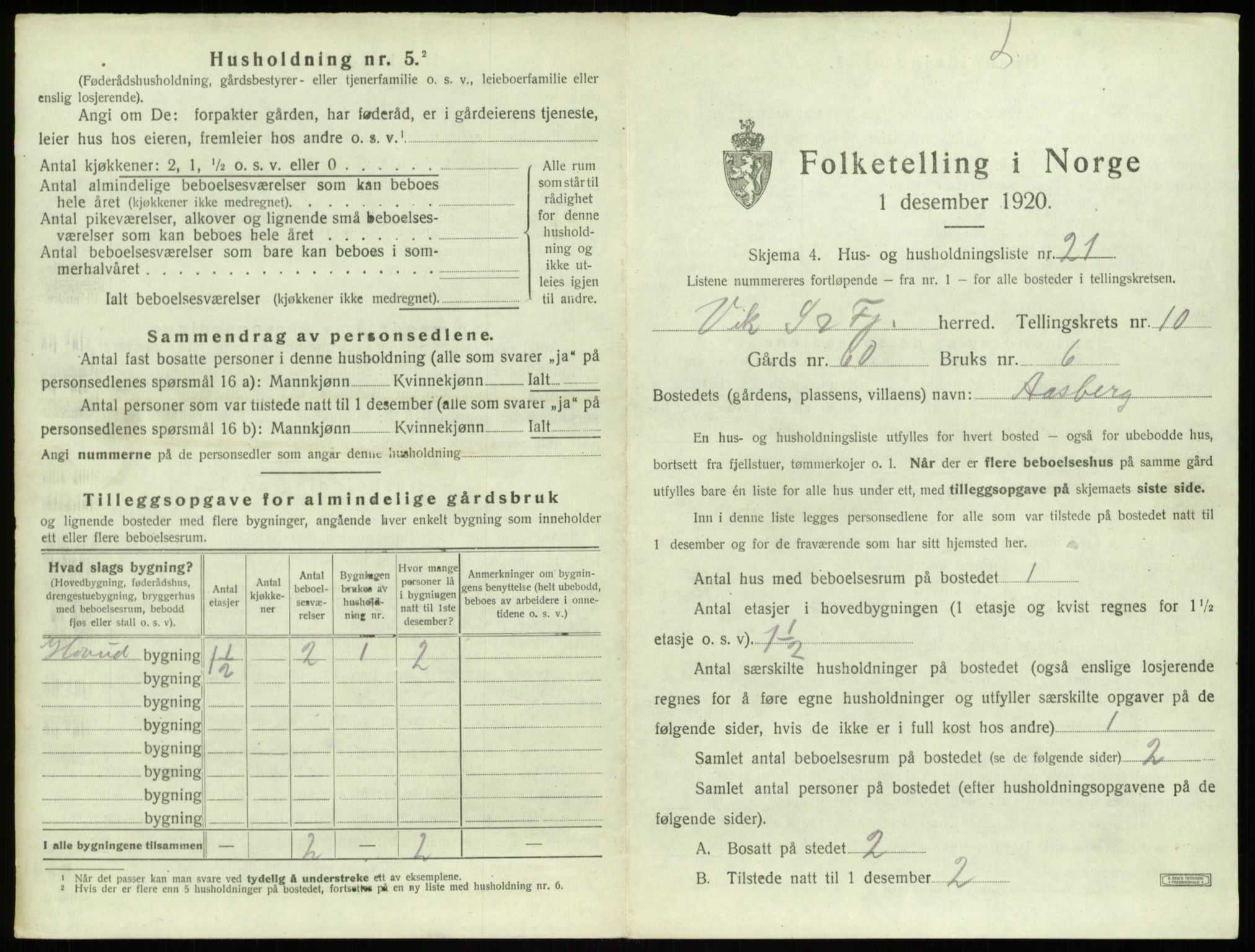 SAB, 1920 census for Vik, 1920, p. 1031