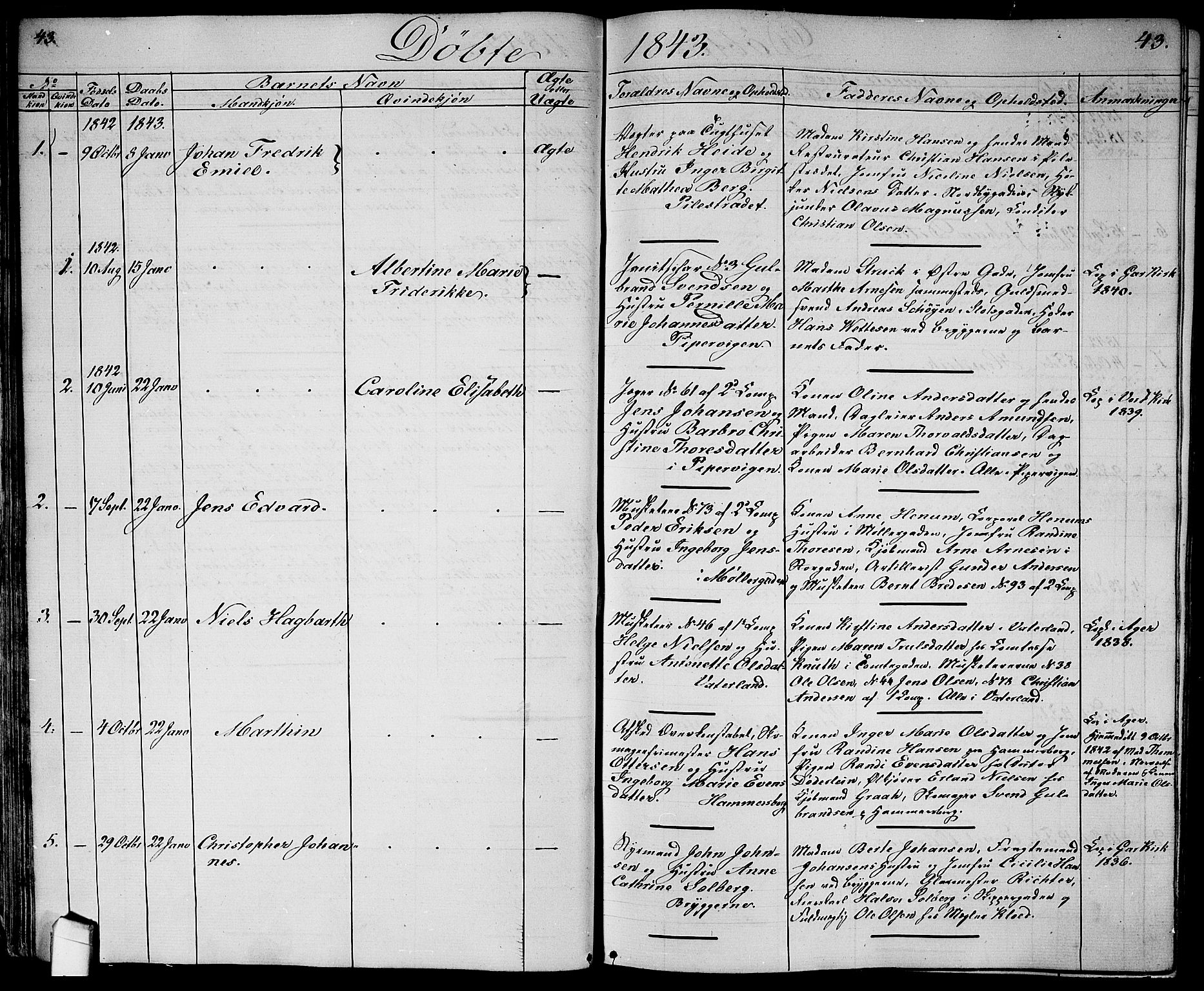 Garnisonsmenigheten Kirkebøker, SAO/A-10846/G/Ga/L0005: Parish register (copy) no. 5, 1841-1860, p. 43