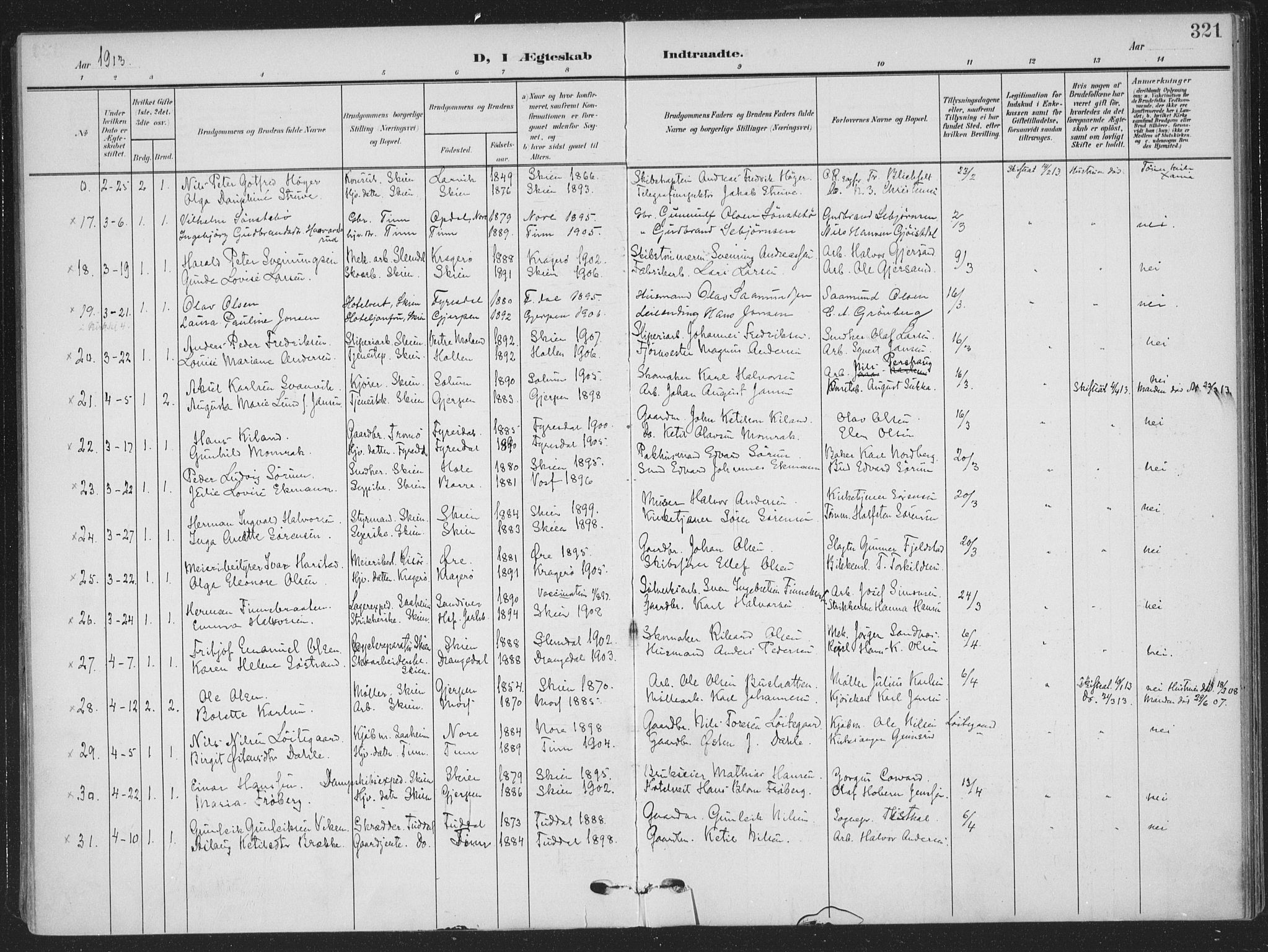 Skien kirkebøker, SAKO/A-302/F/Fa/L0012: Parish register (official) no. 12, 1908-1914, p. 321