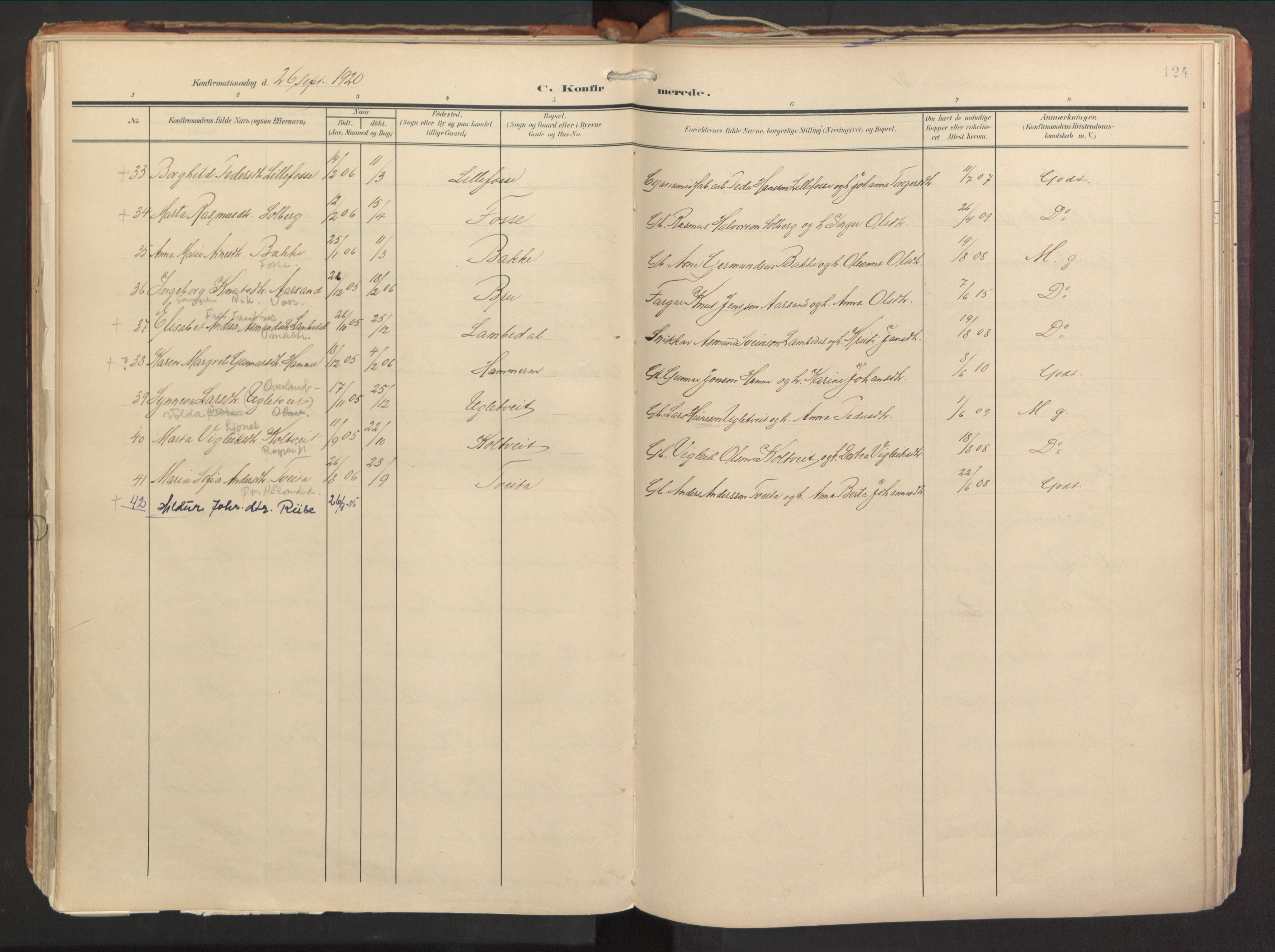 Strandebarm sokneprestembete, SAB/A-78401/H/Haa: Parish register (official) no. B 2, 1909-1941, p. 124