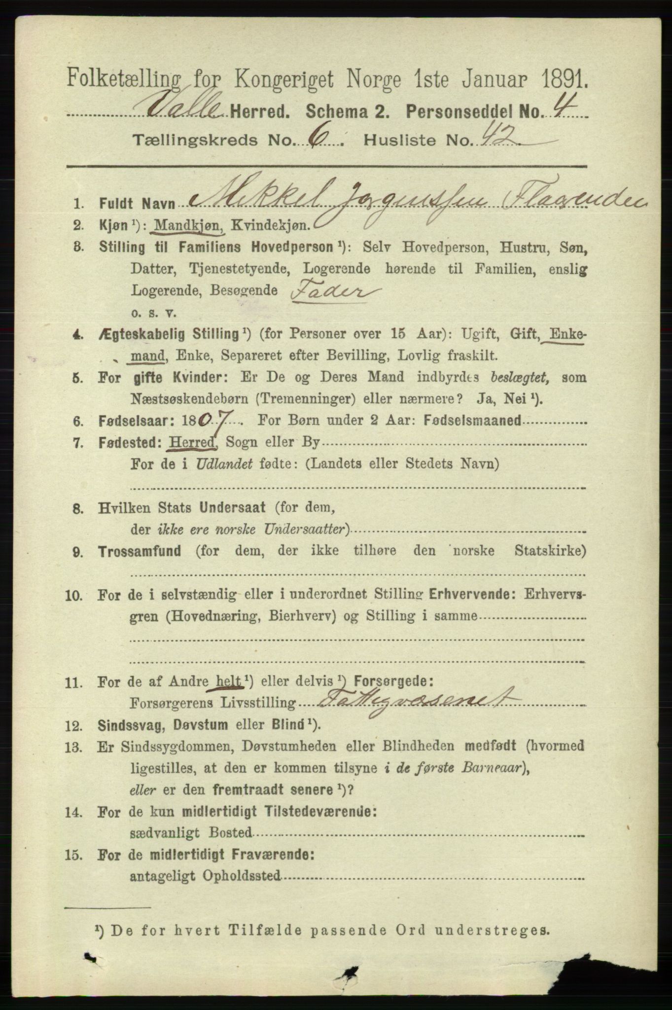 RA, 1891 census for 0940 Valle, 1891, p. 1921