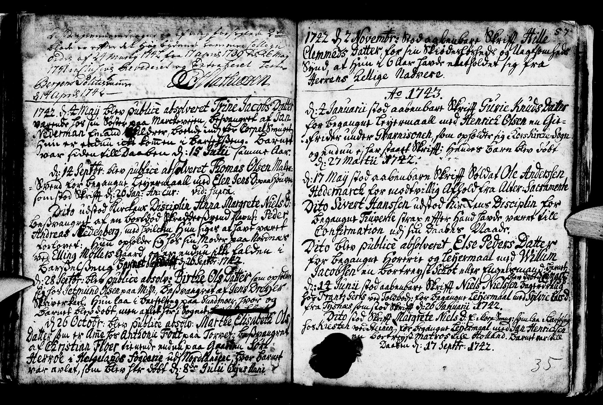 Nykirken Sokneprestembete, SAB/A-77101/H/Haa/L0001: Parish register (official) no. A 1, 1668-1820, p. 35
