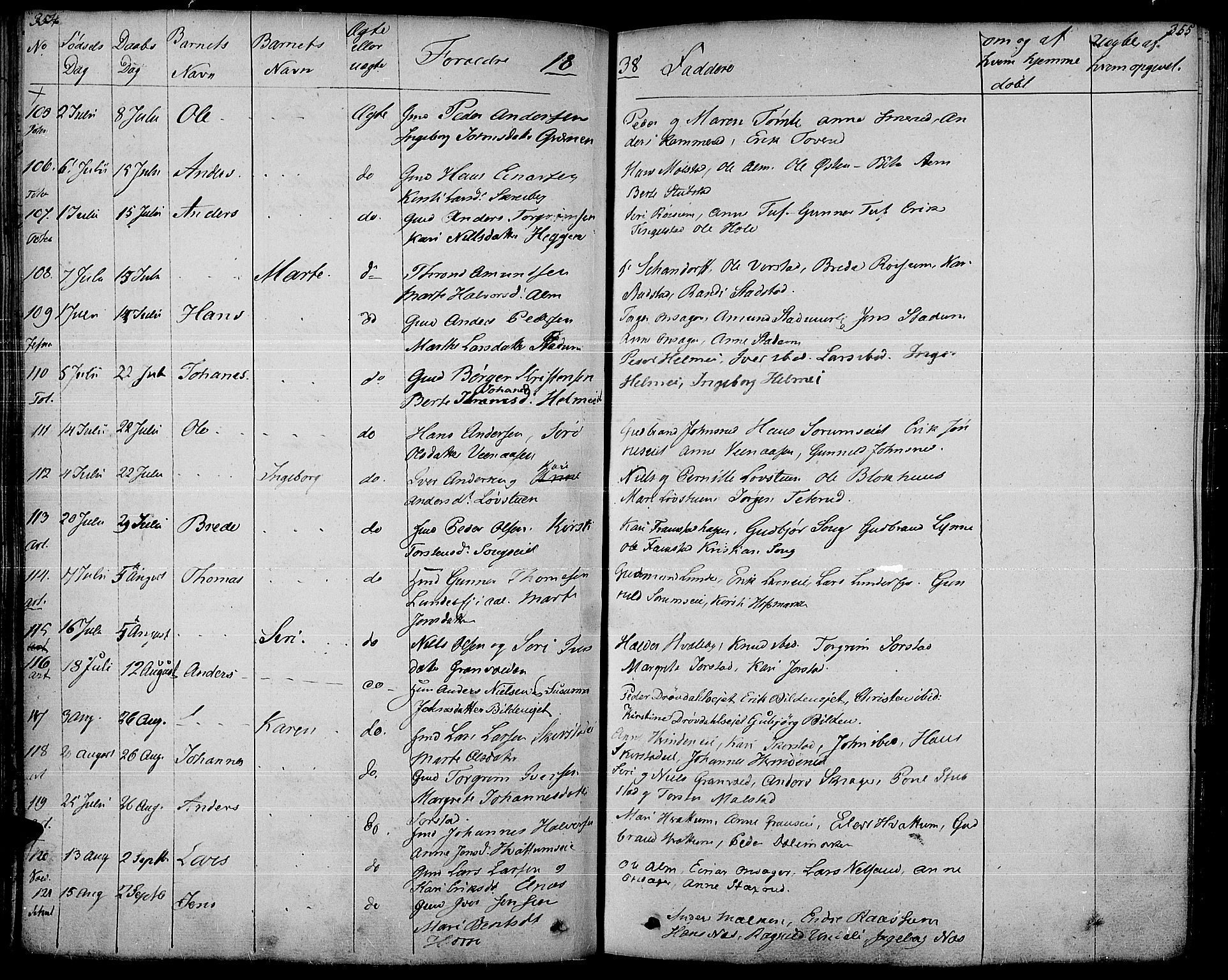 Gran prestekontor, SAH/PREST-112/H/Ha/Haa/L0010: Parish register (official) no. 10, 1824-1842, p. 354-355