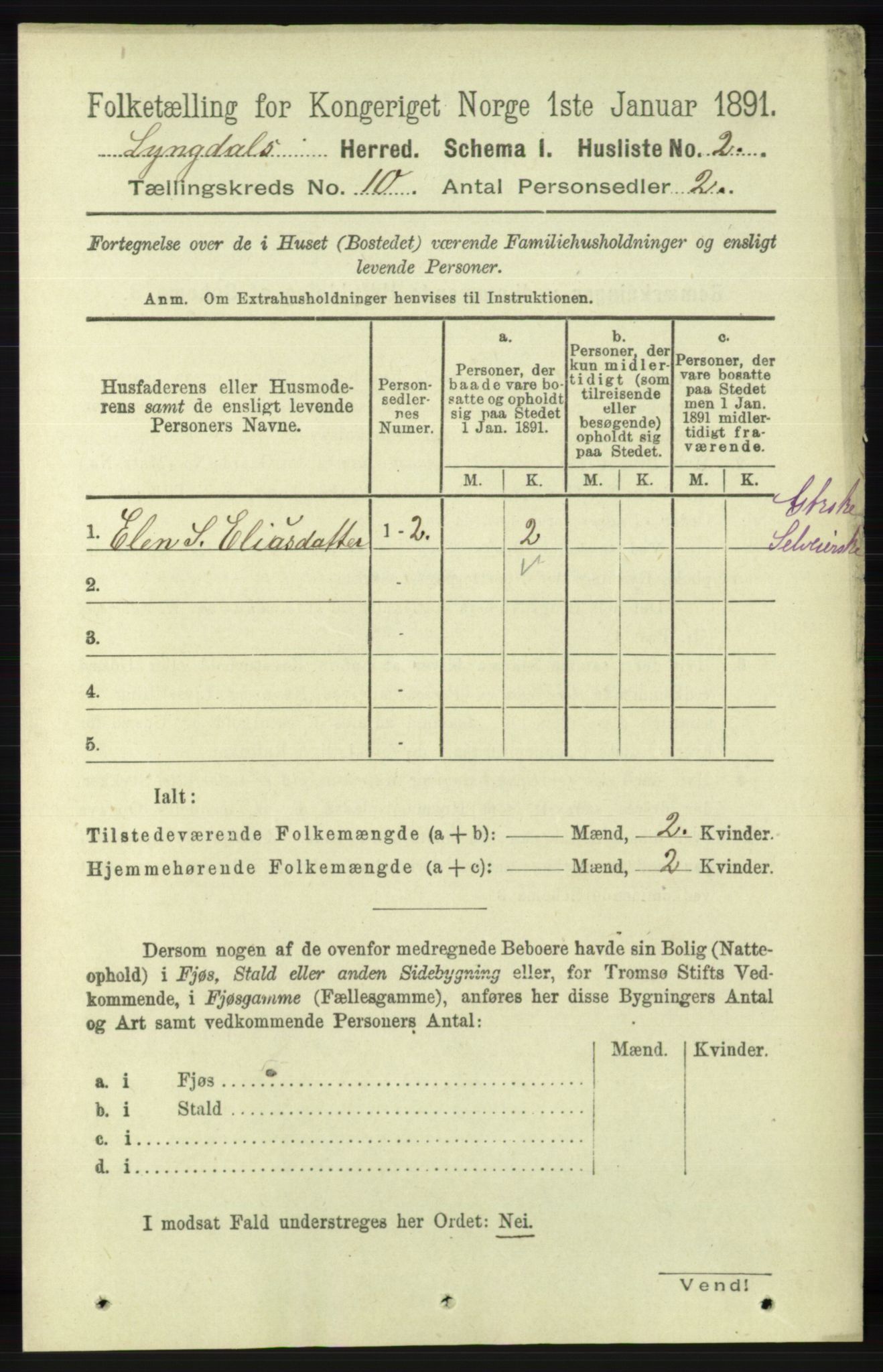 RA, 1891 census for 1032 Lyngdal, 1891, p. 4157