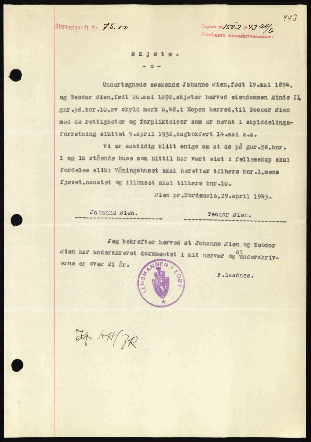 Nordmøre sorenskriveri, AV/SAT-A-4132/1/2/2Ca: Mortgage book no. A95, 1943-1943, Diary no: : 1502/1943