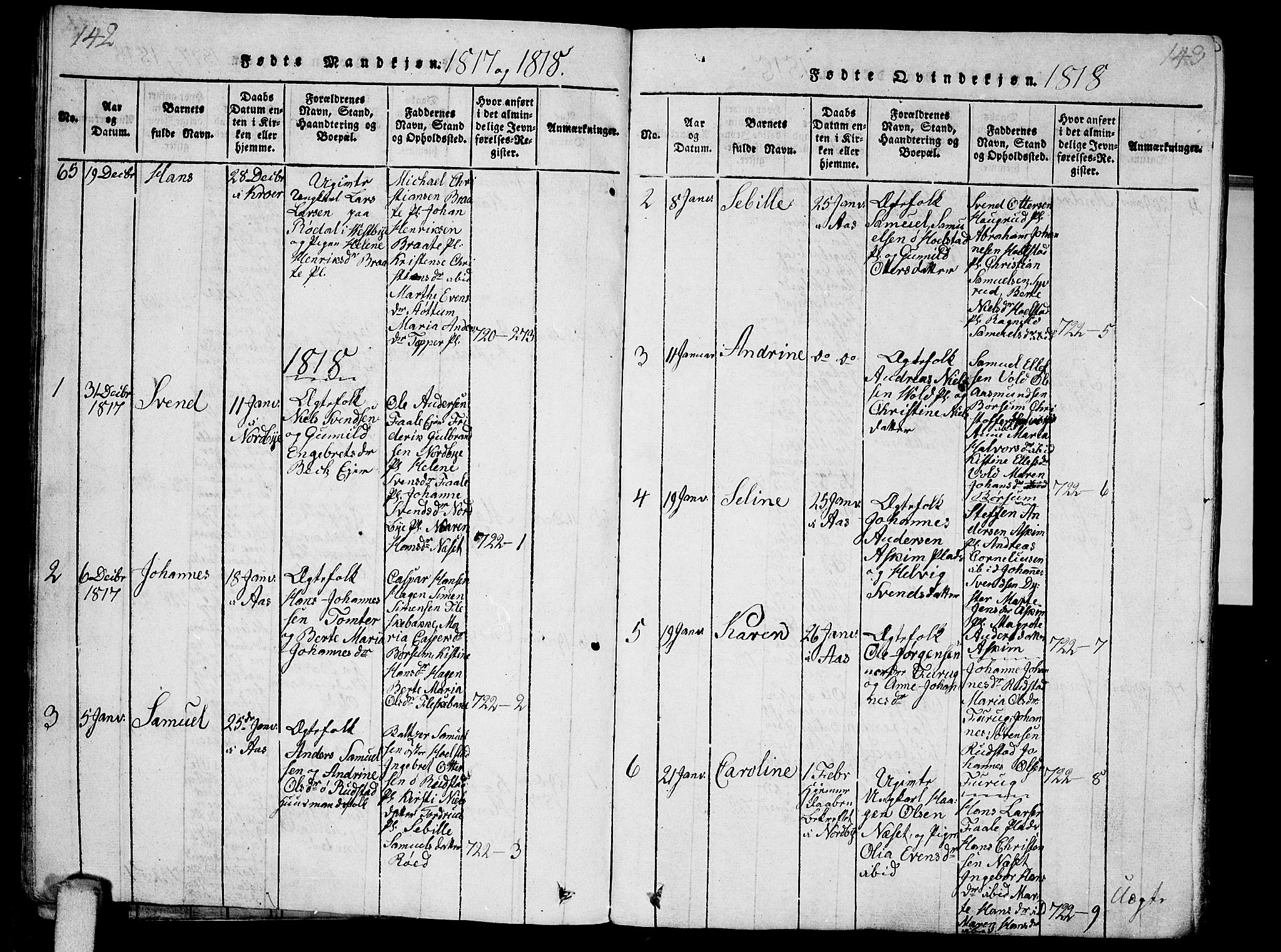 Ås prestekontor Kirkebøker, AV/SAO-A-10894/G/Ga/L0001: Parish register (copy) no. I 1, 1814-1820, p. 142-143