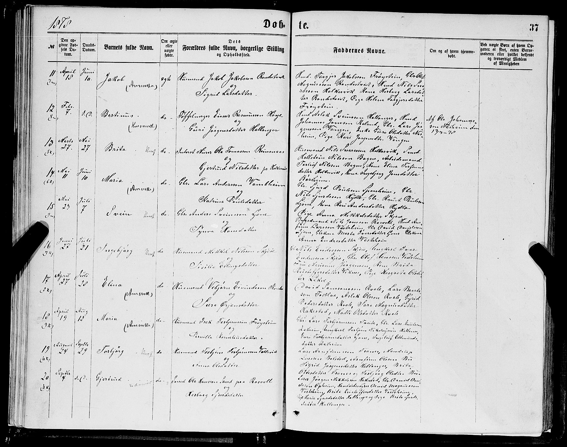 Ulvik sokneprestembete, SAB/A-78801/H/Hab: Parish register (copy) no. A 2, 1869-1882, p. 37
