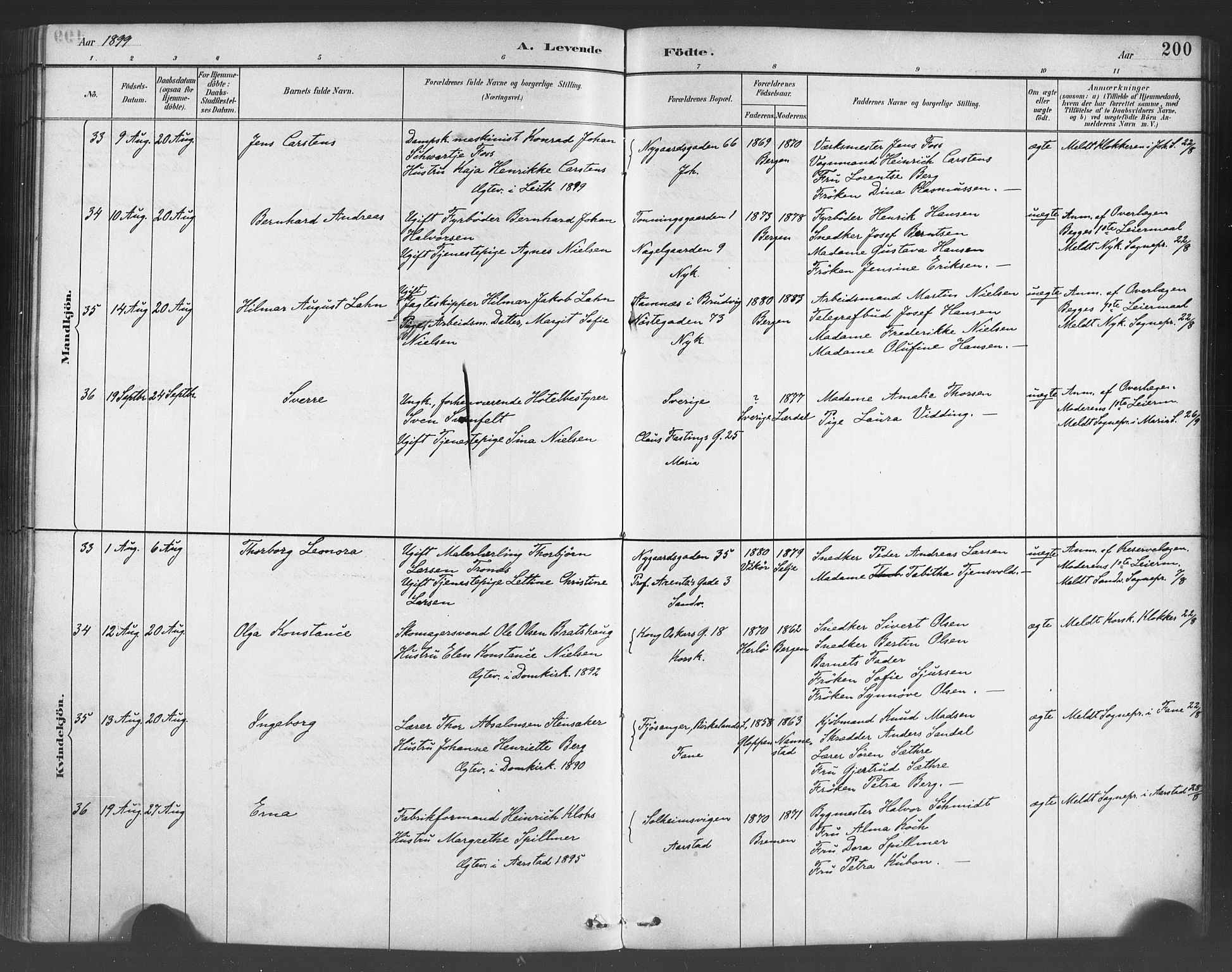 Fødselsstiftelsens sokneprestembete*, SAB/-: Parish register (official) no. A 2, 1884-1900, p. 200