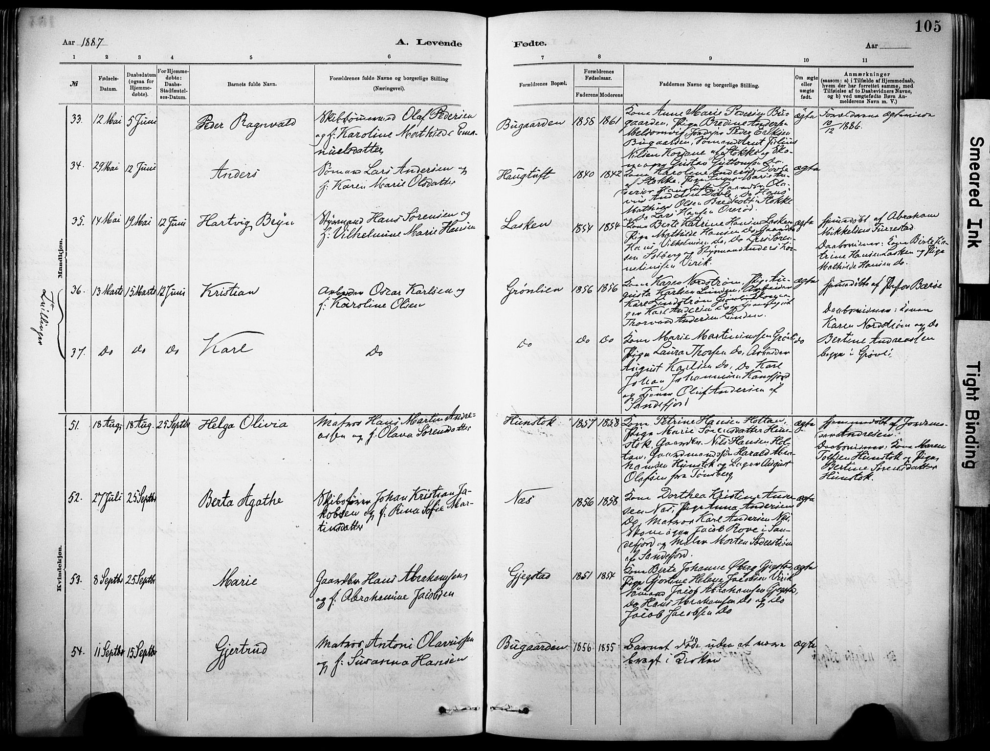 Sandar kirkebøker, SAKO/A-243/F/Fa/L0012: Parish register (official) no. 12, 1883-1895, p. 105