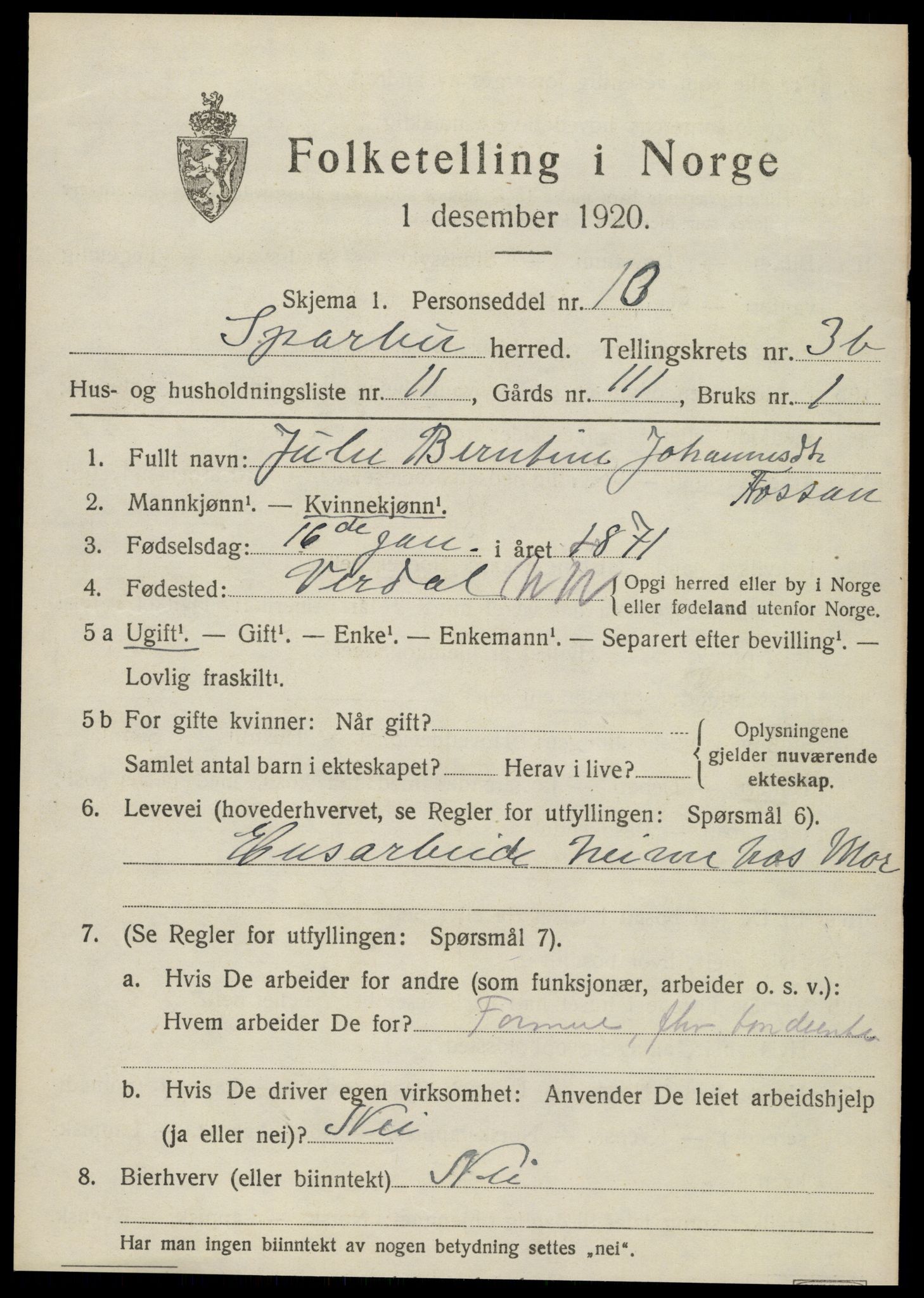 SAT, 1920 census for Sparbu, 1920, p. 4949