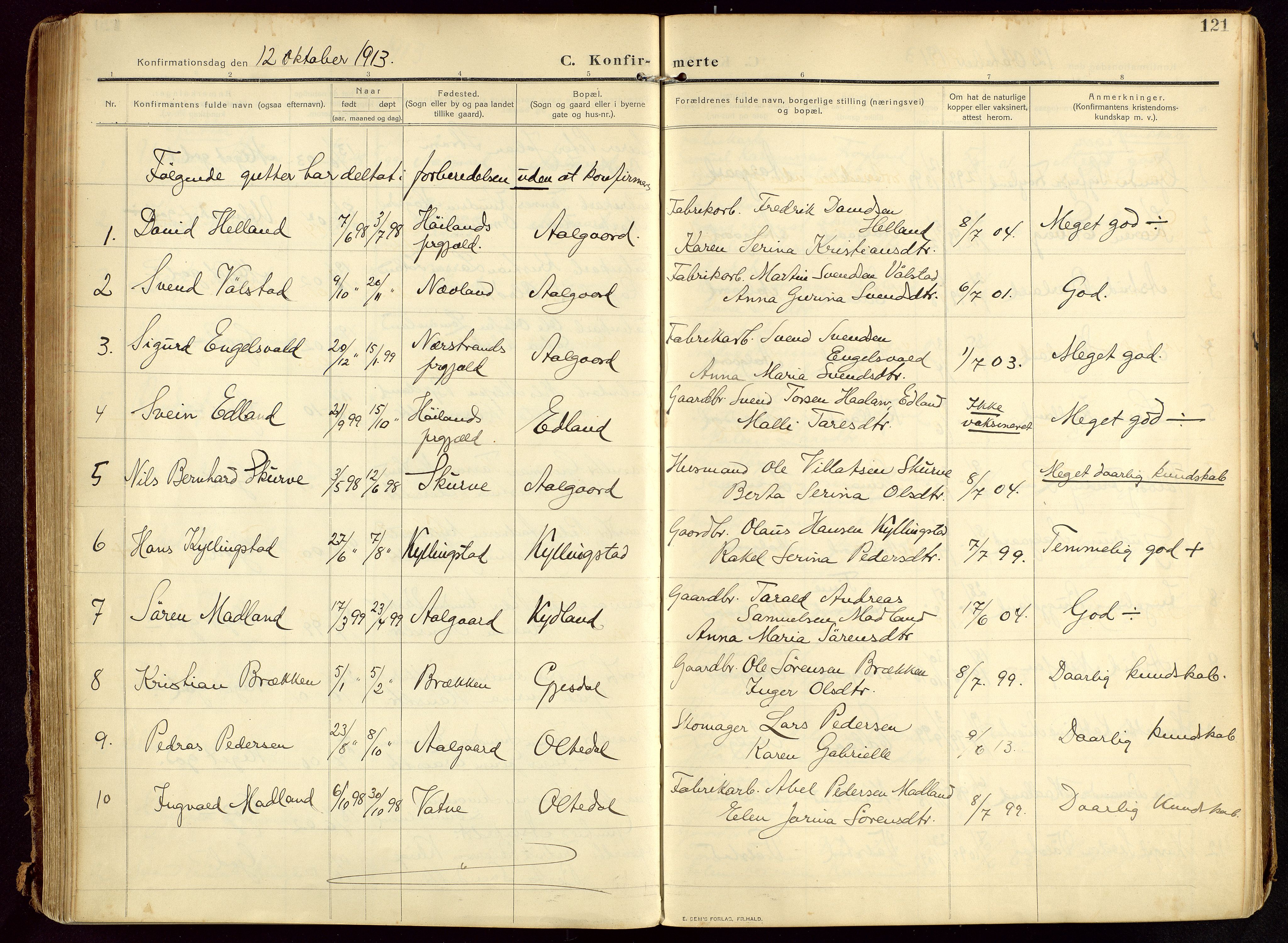 Lye sokneprestkontor, AV/SAST-A-101794/002/B/L0001: Parish register (official) no. A 13, 1910-1925, p. 121