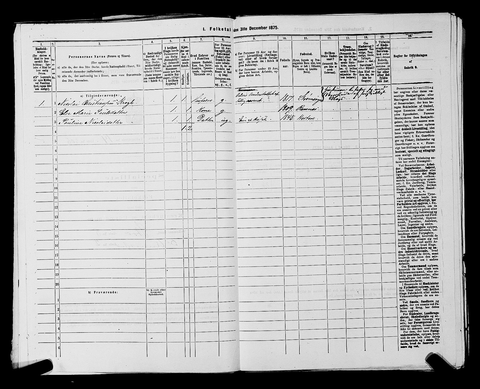 SAKO, 1875 census for 0703P Horten, 1875, p. 1133