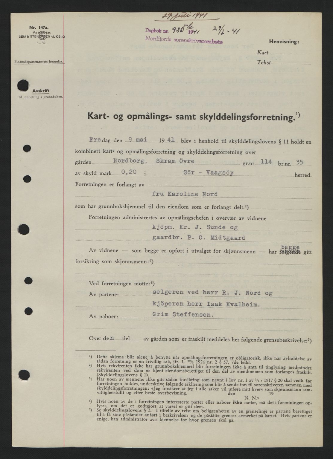 Nordfjord sorenskriveri, AV/SAB-A-2801/02/02b/02bj/L0006: Mortgage book no. A6, 1940-1941, Diary no: : 986/1941