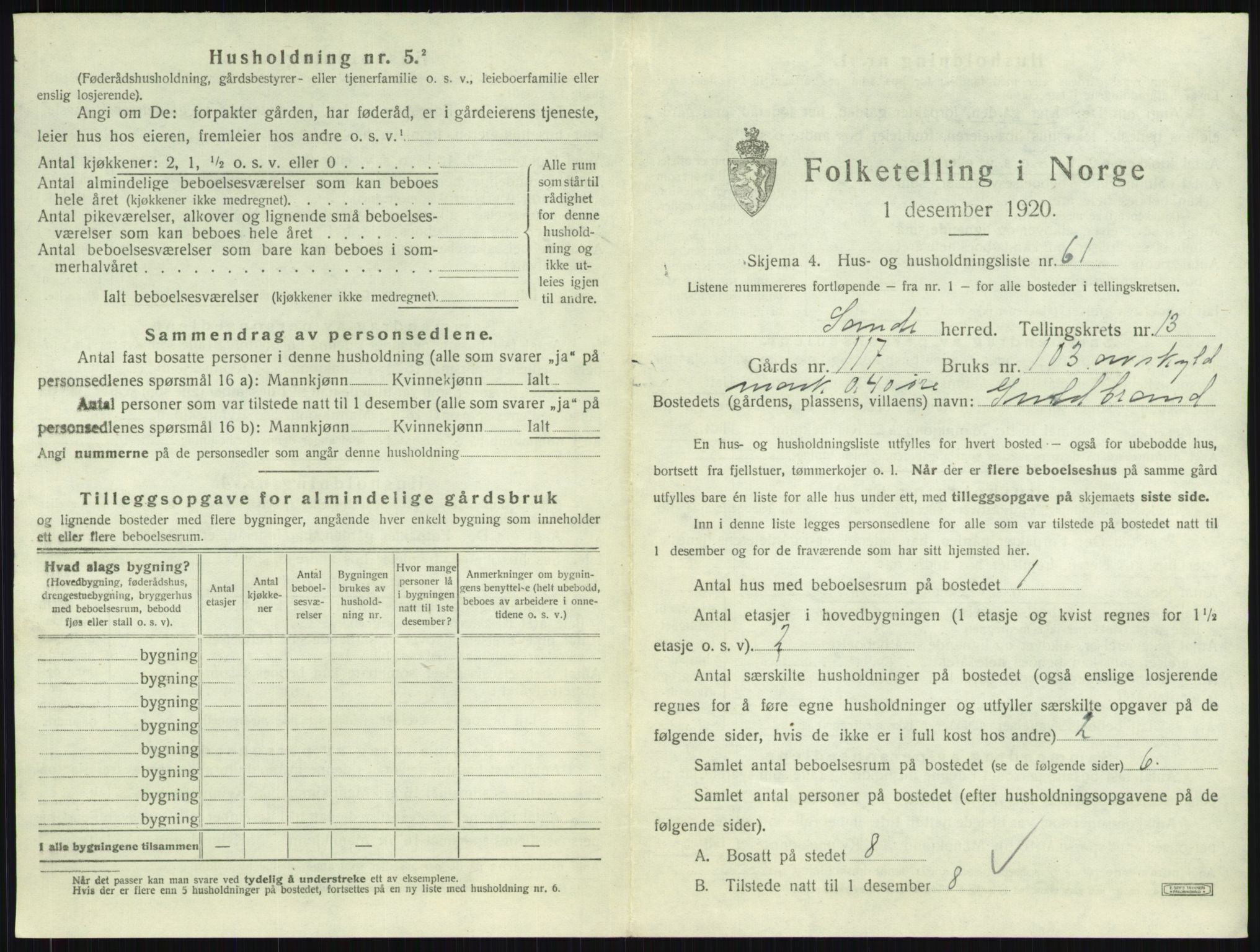 SAKO, 1920 census for Sandeherred, 1920, p. 2857