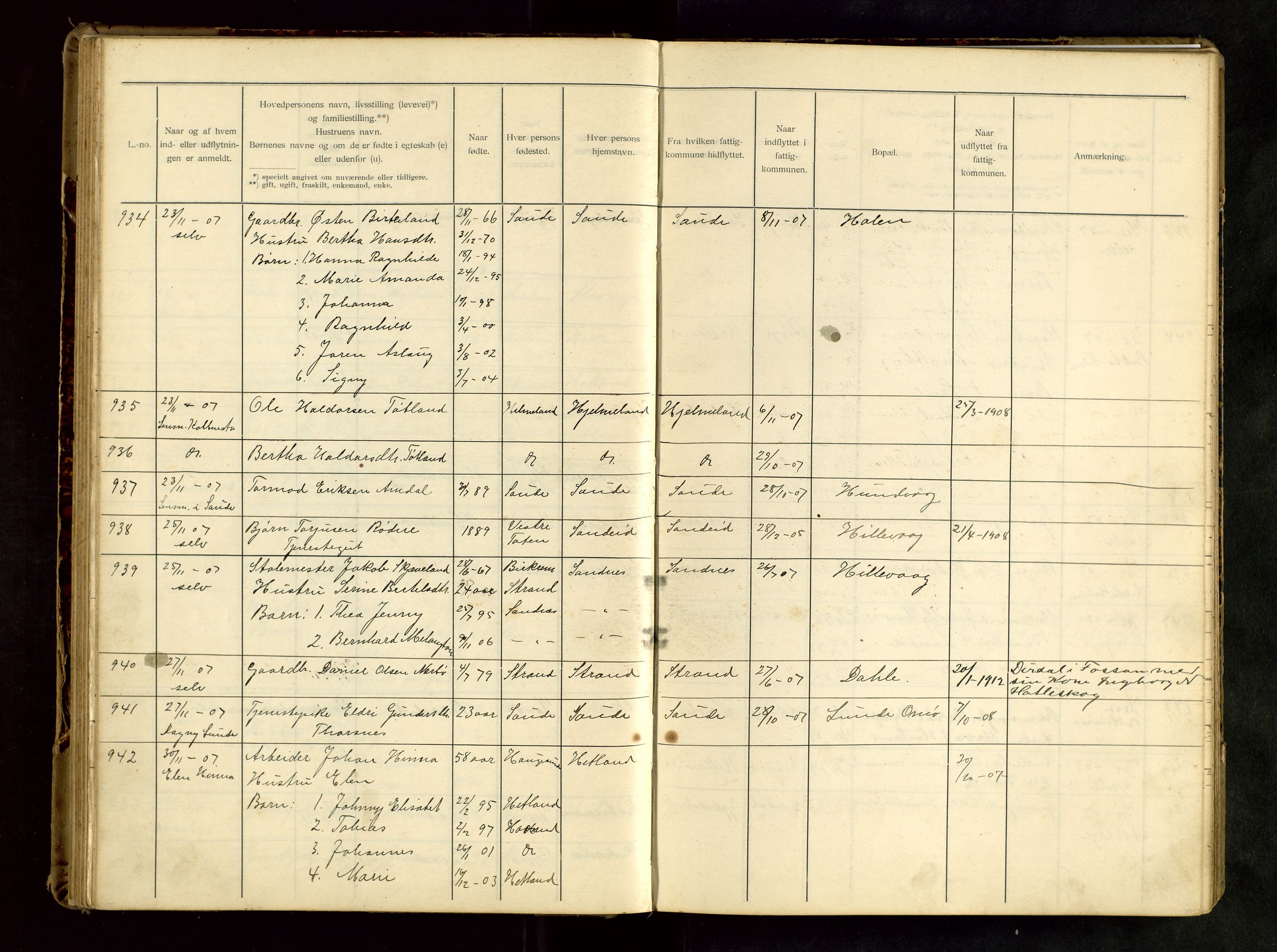 Hetland lensmannskontor, AV/SAST-A-100101/Gwa/L0001: Flytteprotokoll (er delt i to: 1a og 1b), 1901-1918, p. 74