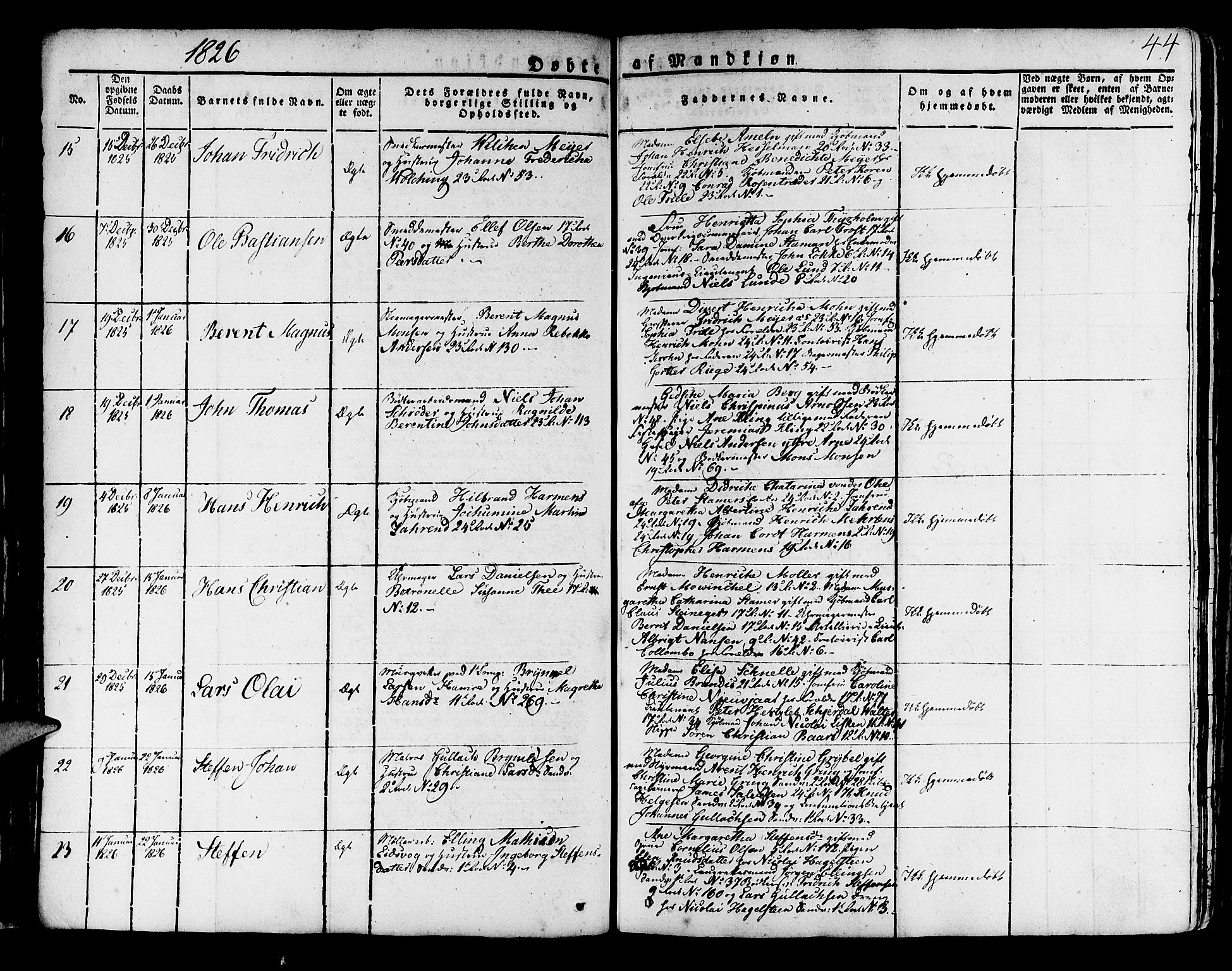 Korskirken sokneprestembete, AV/SAB-A-76101/H/Haa/L0014: Parish register (official) no. A 14, 1823-1835, p. 44