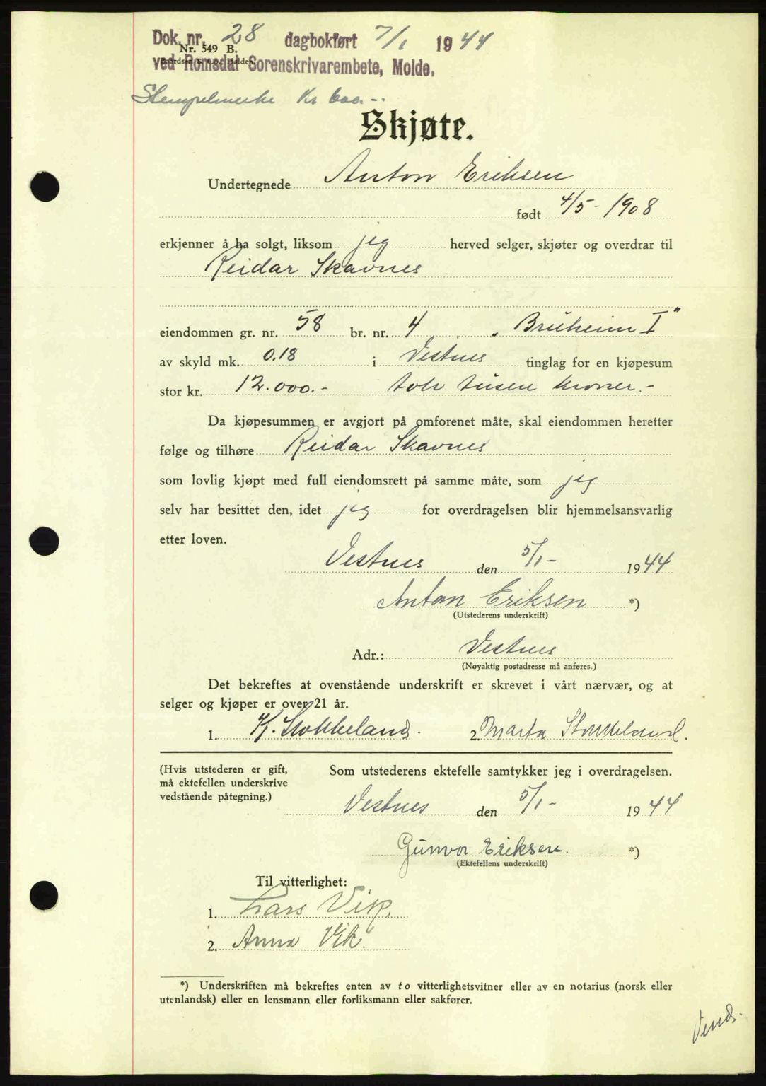 Romsdal sorenskriveri, AV/SAT-A-4149/1/2/2C: Mortgage book no. A15, 1943-1944, Diary no: : 28/1944