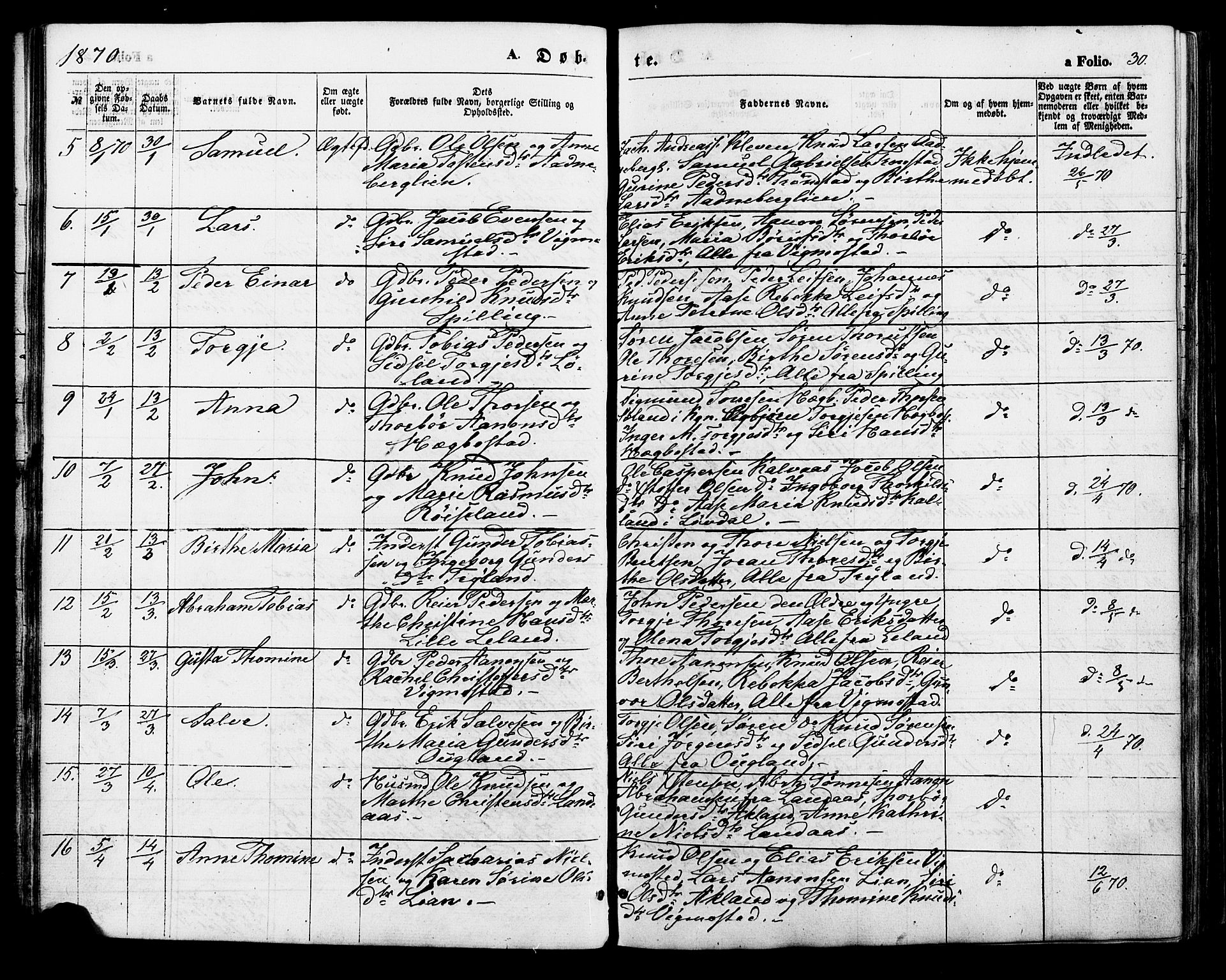 Nord-Audnedal sokneprestkontor, SAK/1111-0032/F/Fa/Fab/L0002: Parish register (official) no. A 2, 1859-1882, p. 30