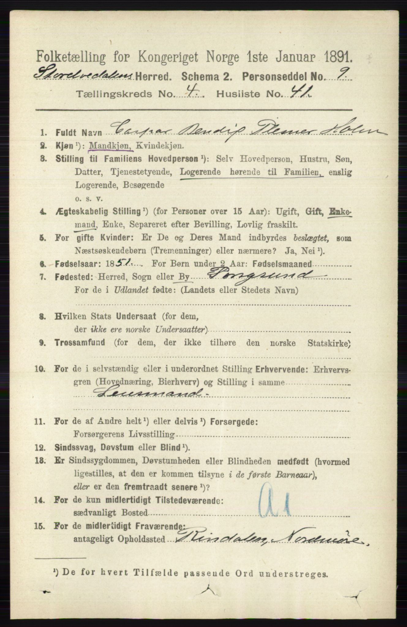 RA, 1891 census for 0430 Stor-Elvdal, 1891, p. 1665