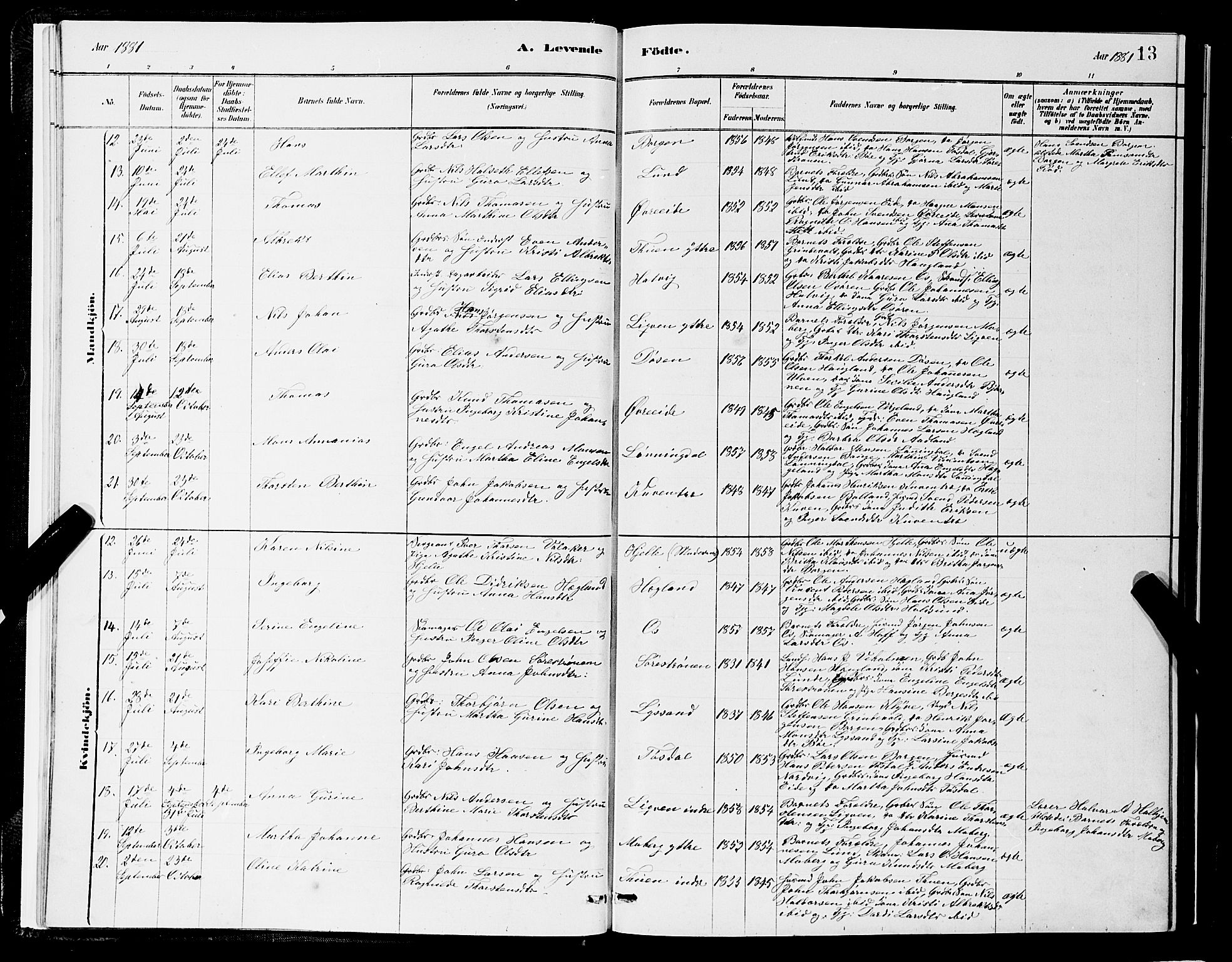 Os sokneprestembete, AV/SAB-A-99929: Parish register (copy) no. A 2, 1880-1896, p. 13