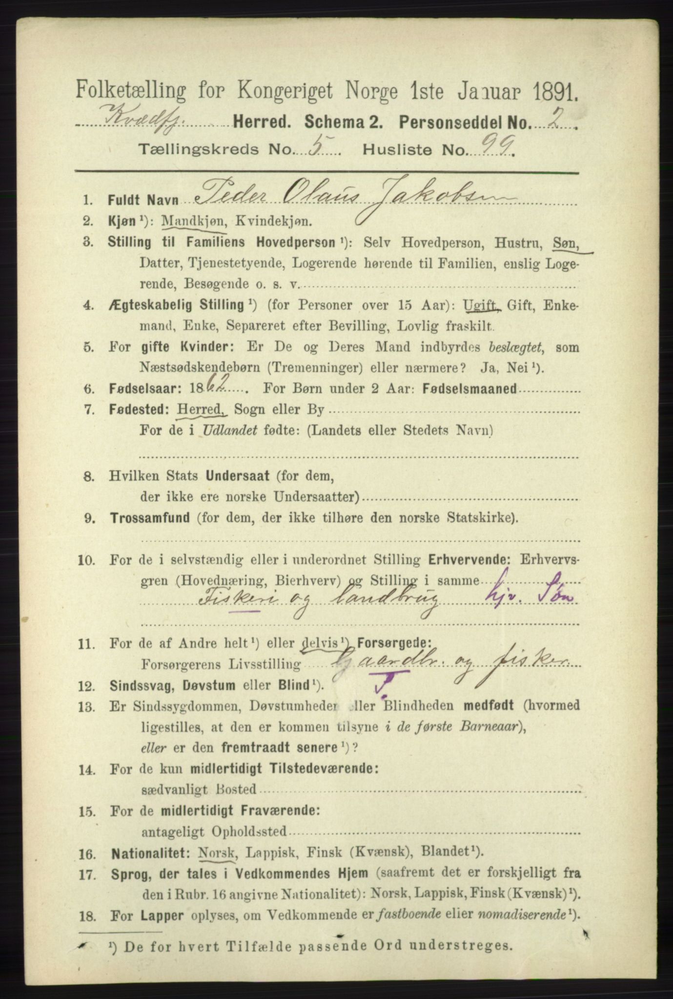 RA, 1891 census for 1911 Kvæfjord, 1891, p. 3464