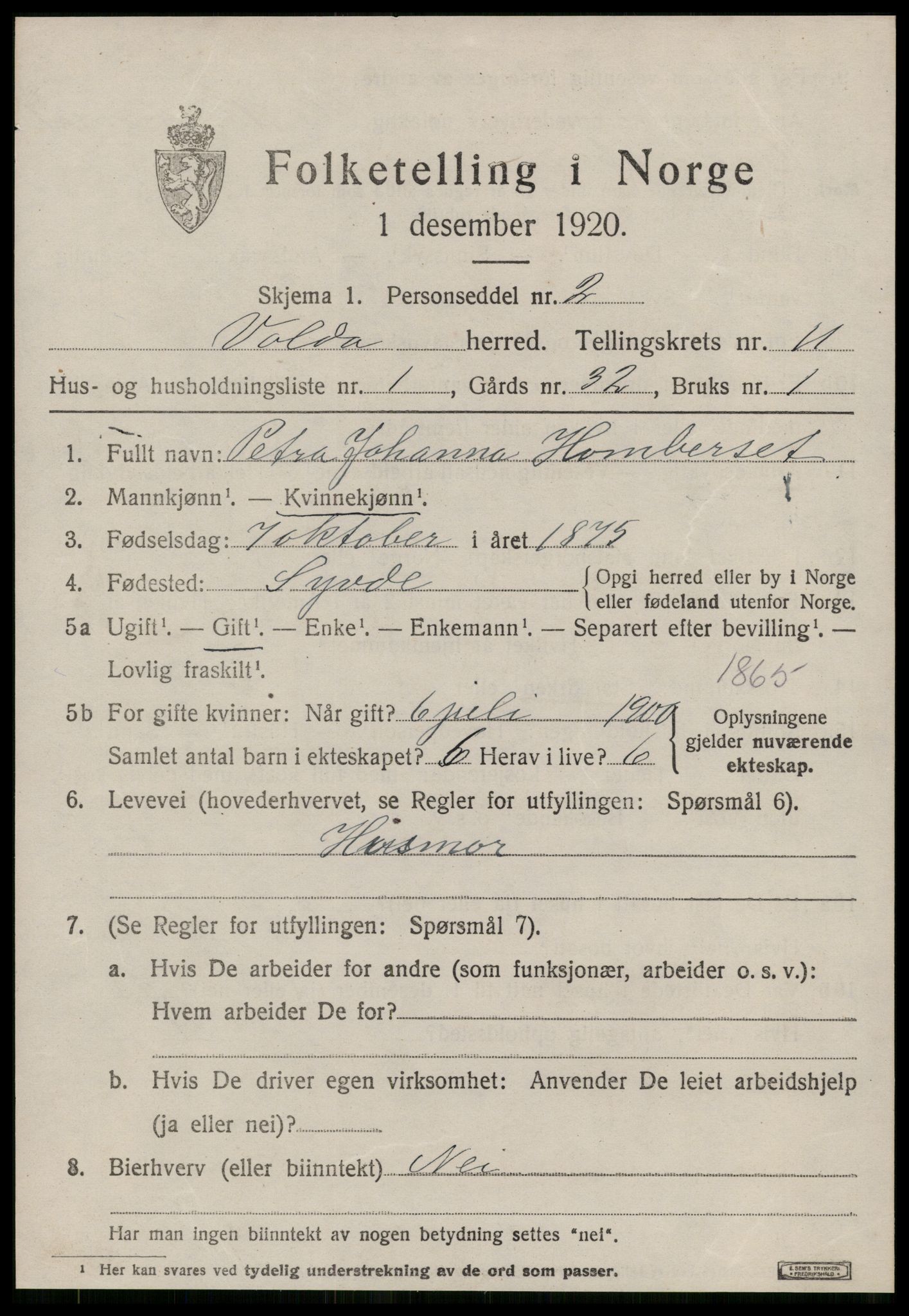 SAT, 1920 census for Volda, 1920, p. 7922