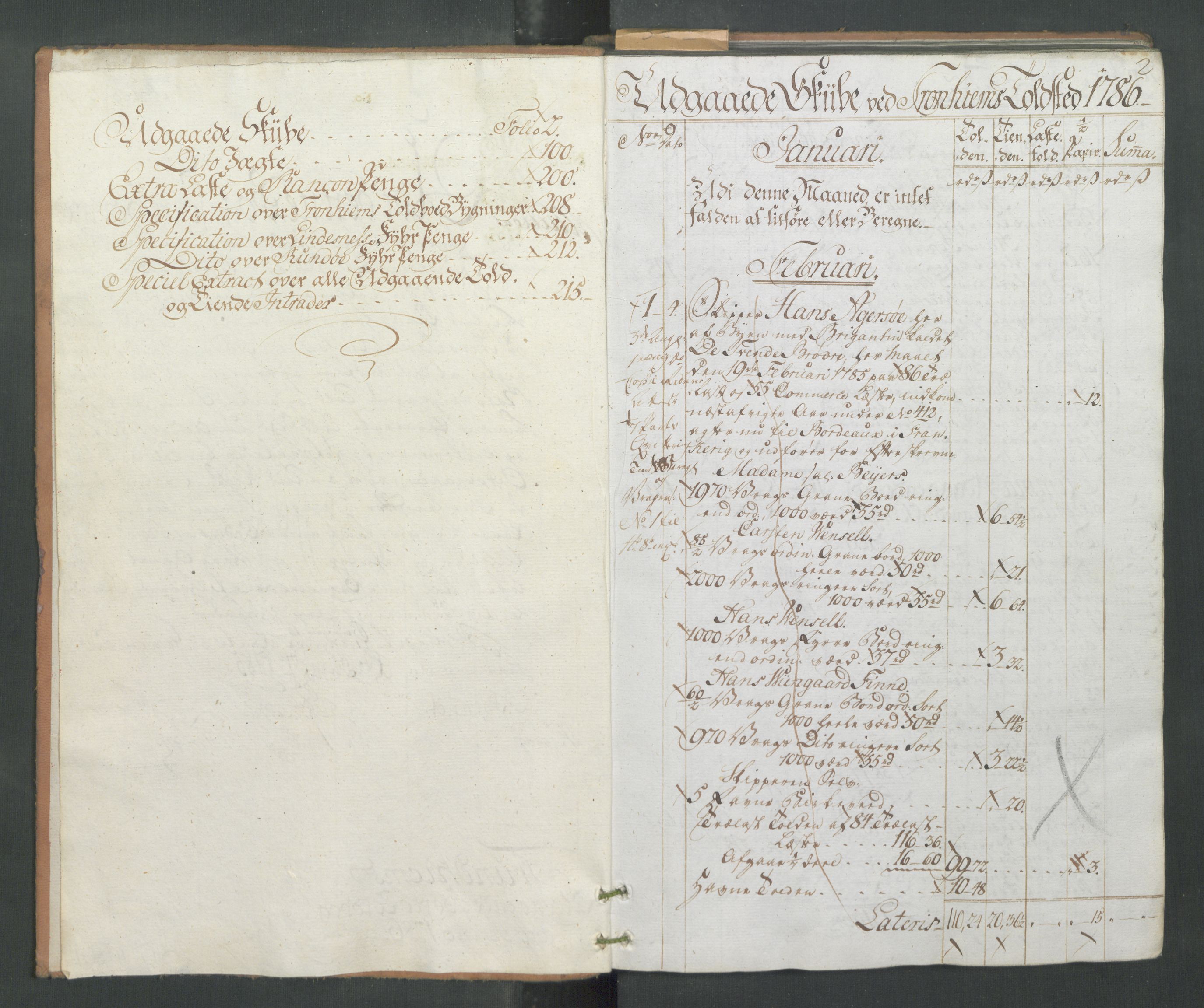 Generaltollkammeret, tollregnskaper, AV/RA-EA-5490/R33/L0171/0001: Tollregnskaper Trondheim A / Utgående hovedtollbok, 1786, p. 1b-2a