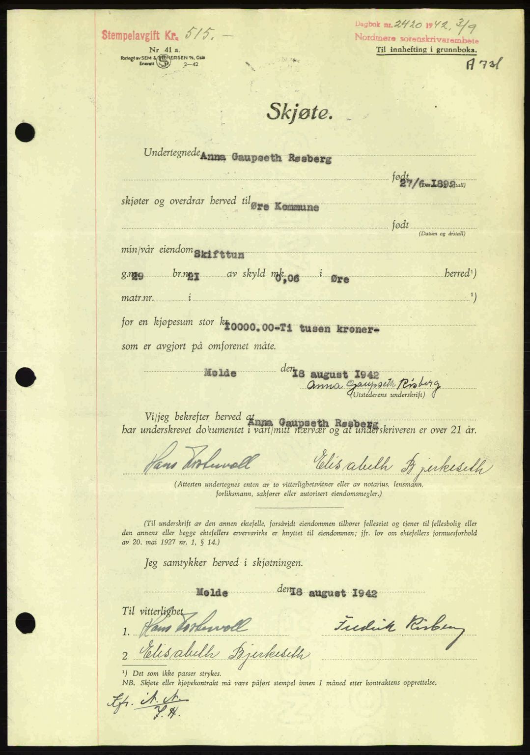 Nordmøre sorenskriveri, AV/SAT-A-4132/1/2/2Ca: Mortgage book no. A93, 1942-1942, Diary no: : 2420/1942