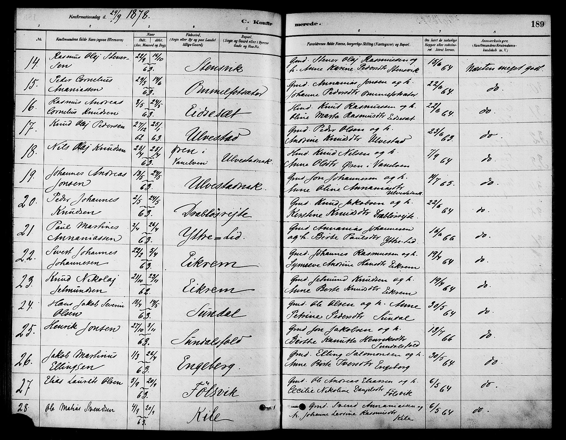 Ministerialprotokoller, klokkerbøker og fødselsregistre - Møre og Romsdal, AV/SAT-A-1454/511/L0141: Parish register (official) no. 511A08, 1878-1890, p. 189