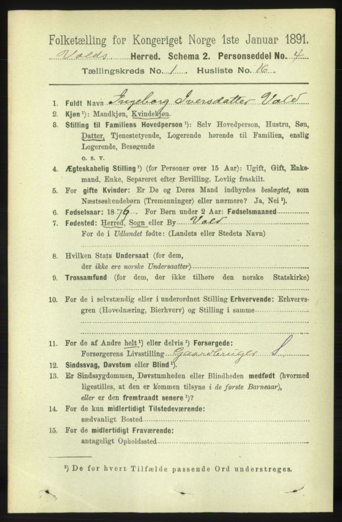 RA, 1891 census for 1537 Voll, 1891, p. 191