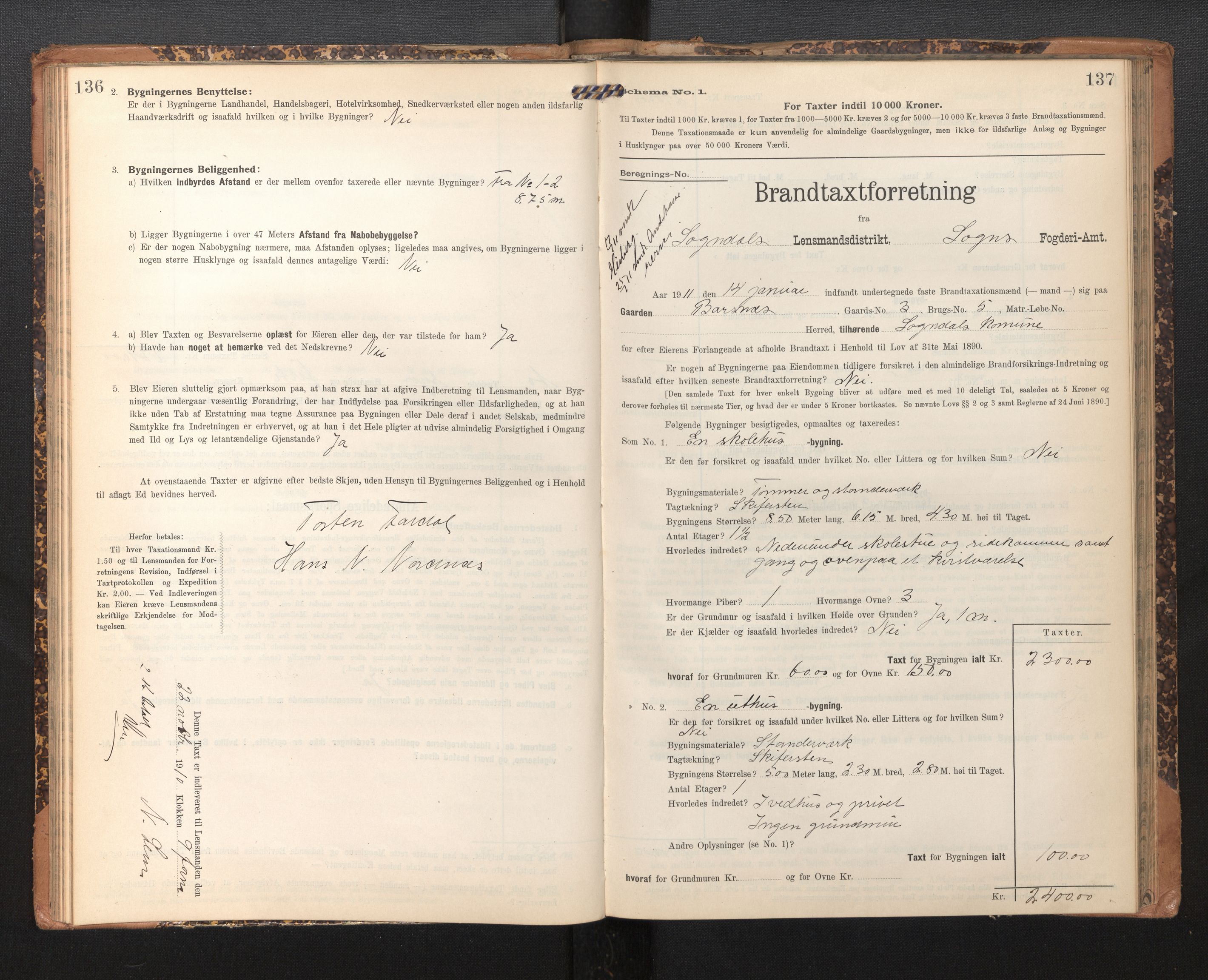 Lensmannen i Sogndal, SAB/A-29901/0012/L0010: Branntakstprotokoll, skjematakst, 1907-1914, p. 136-137