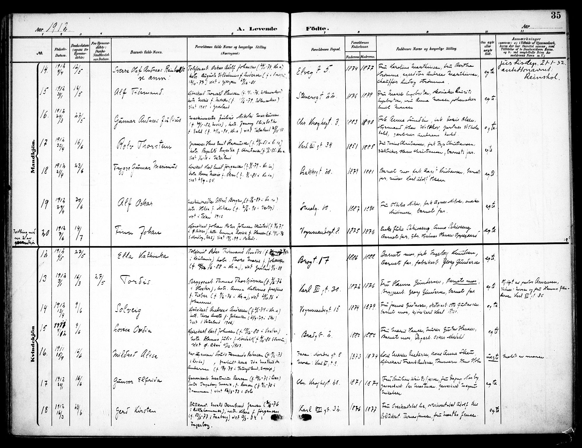 Vaterland prestekontor Kirkebøker, AV/SAO-A-10880/F/Fa/L0001: Parish register (official) no. 1, 1907-1930, p. 35