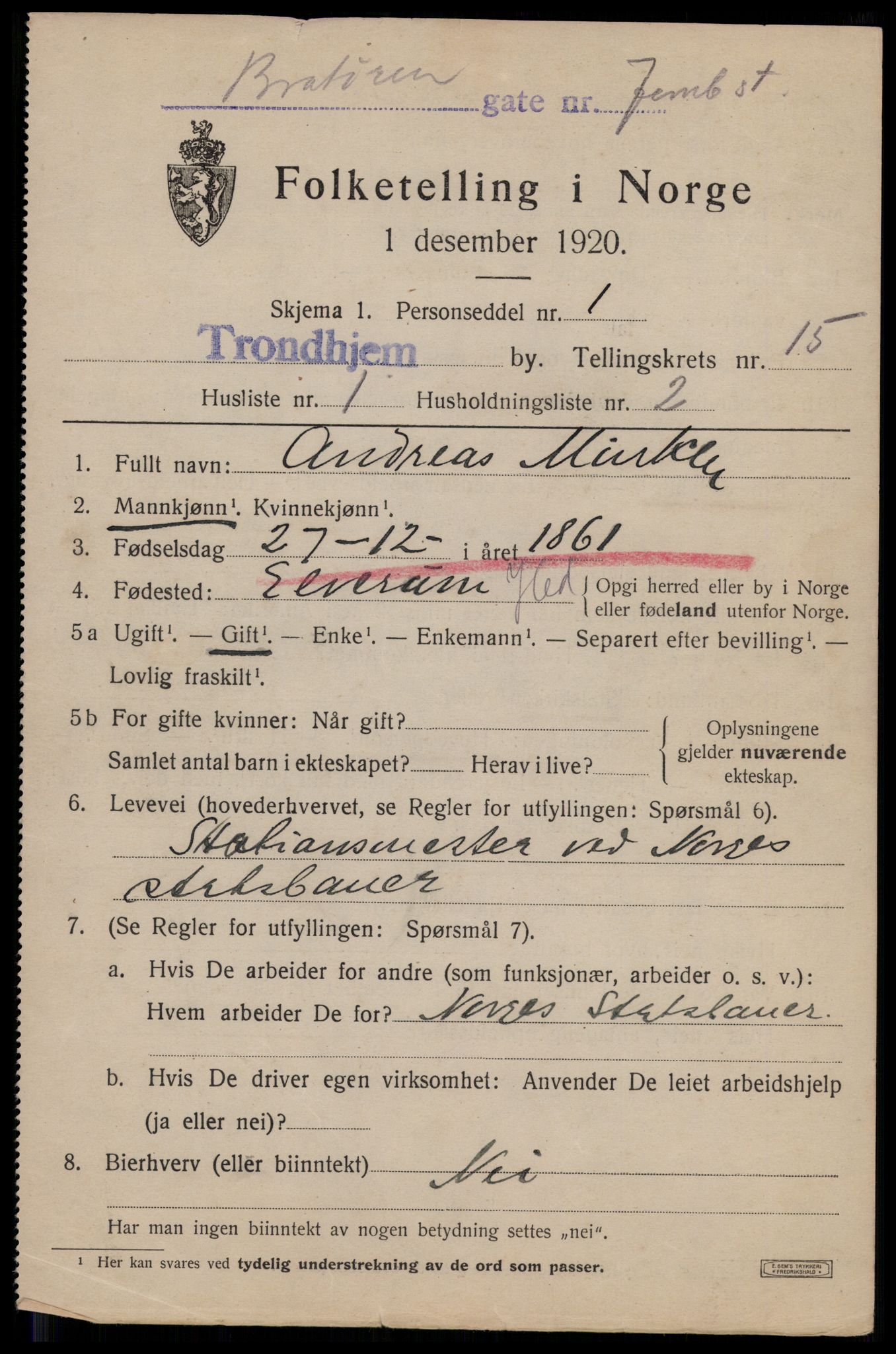 SAT, 1920 census for Trondheim, 1920, p. 52424