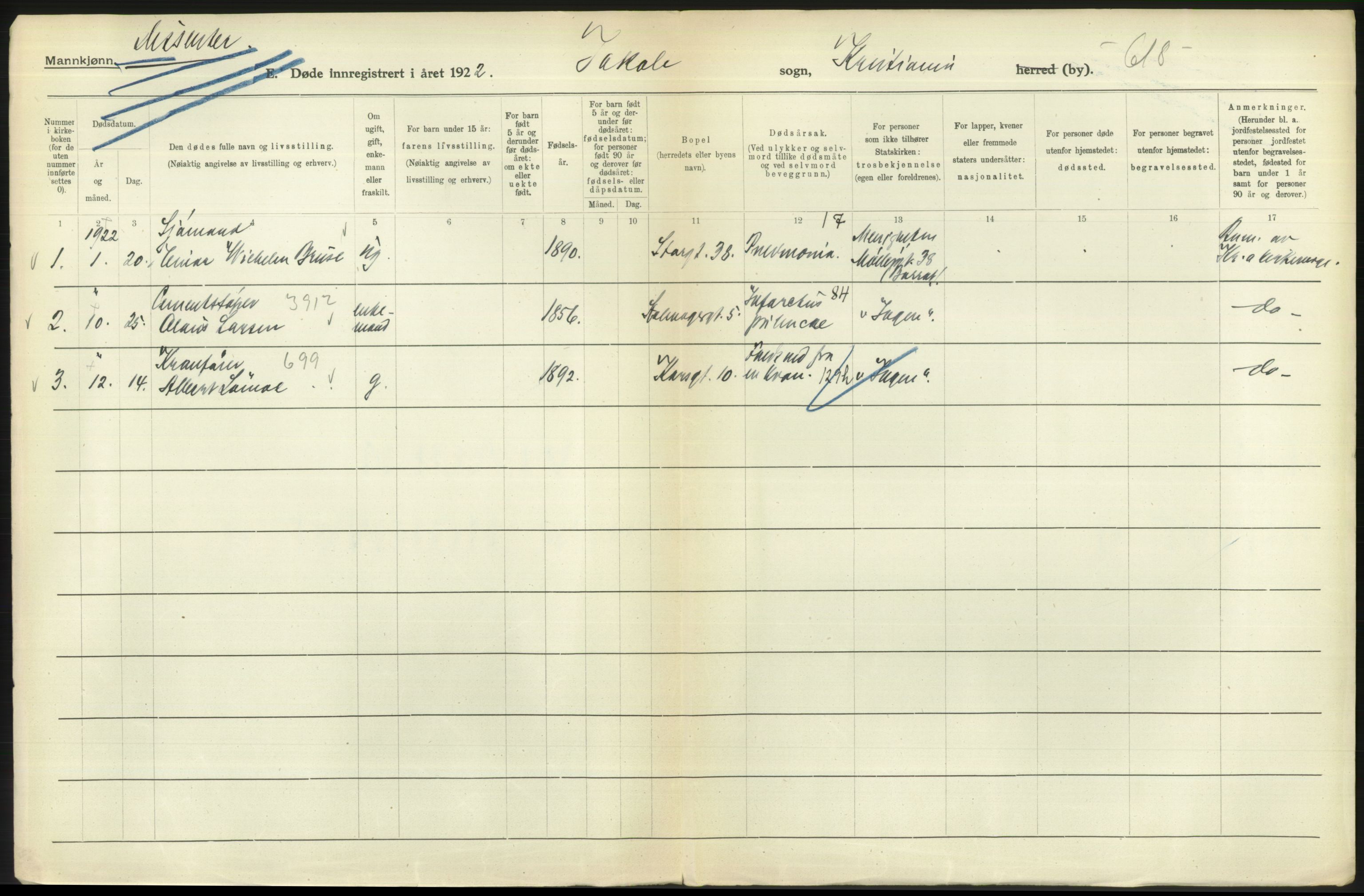 Statistisk sentralbyrå, Sosiodemografiske emner, Befolkning, AV/RA-S-2228/D/Df/Dfc/Dfcb/L0009: Kristiania: Døde, 1922, p. 228