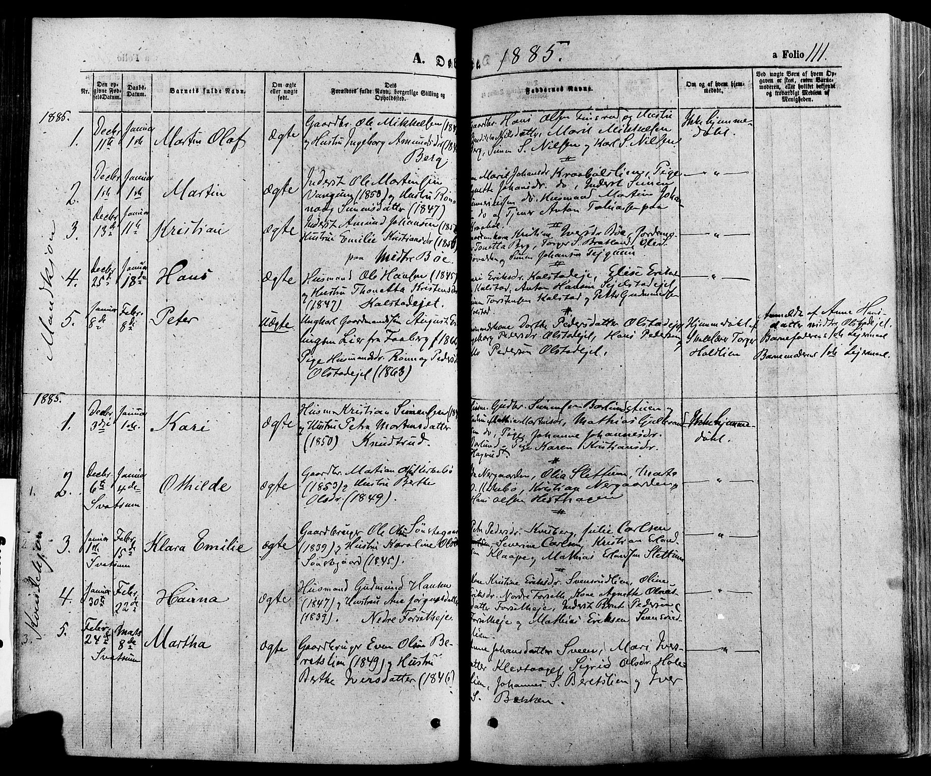 Gausdal prestekontor, SAH/PREST-090/H/Ha/Haa/L0010: Parish register (official) no. 10, 1867-1886, p. 111