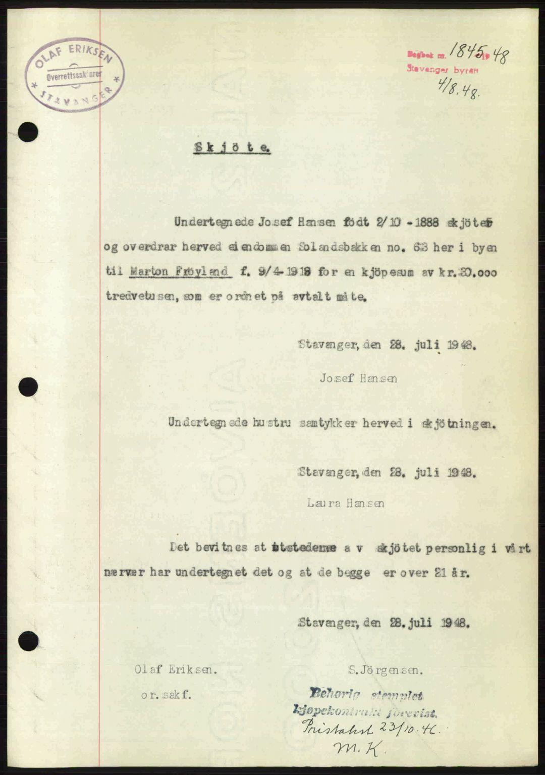 Stavanger byrett, SAST/A-100455/002/G/Gb/L0022: Mortgage book no. A11, 1947-1948, Diary no: : 1845/1948