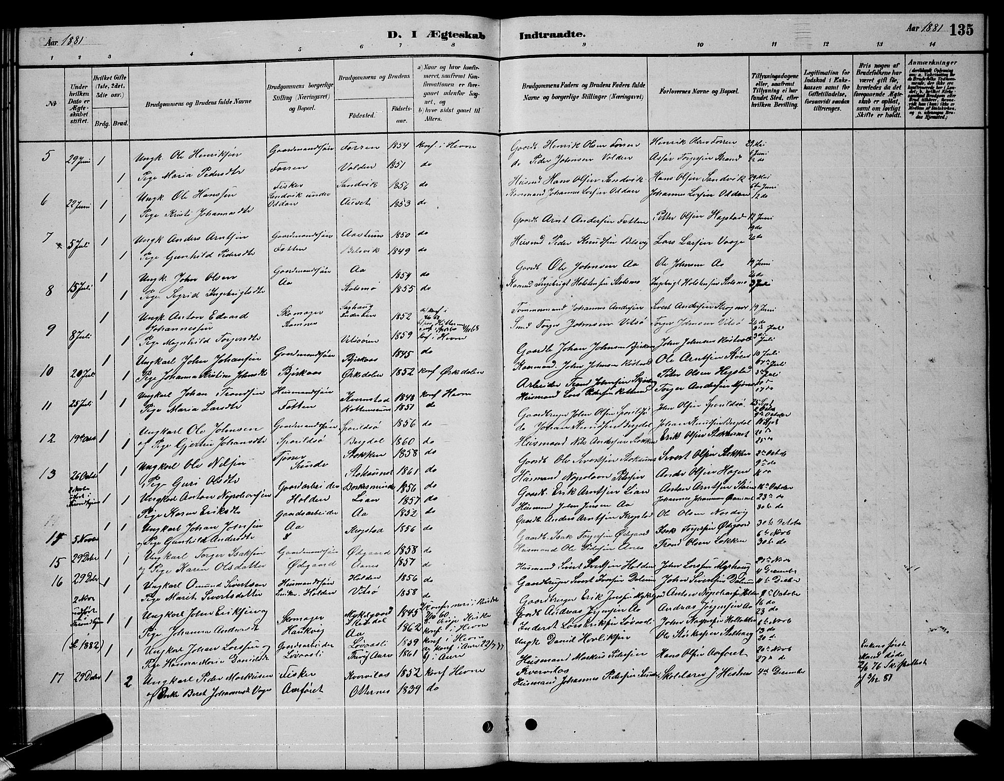 Ministerialprotokoller, klokkerbøker og fødselsregistre - Sør-Trøndelag, AV/SAT-A-1456/630/L0504: Parish register (copy) no. 630C02, 1879-1898, p. 135