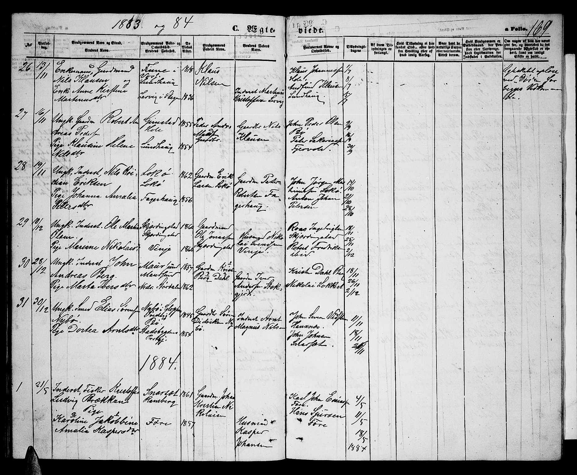 Ministerialprotokoller, klokkerbøker og fødselsregistre - Nordland, AV/SAT-A-1459/891/L1314: Parish register (copy) no. 891C03, 1870-1885, p. 169