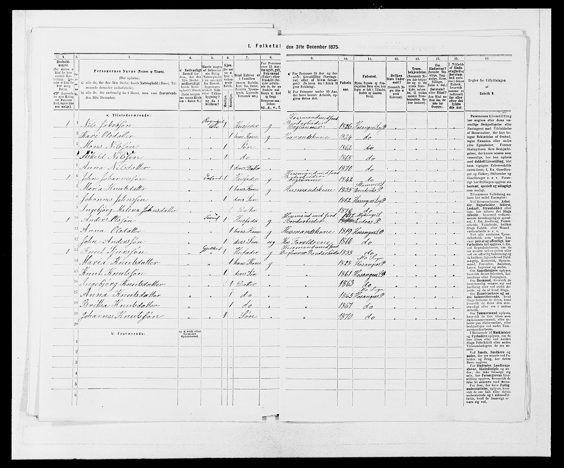 SAB, 1875 census for 1253P Hosanger, 1875, p. 696