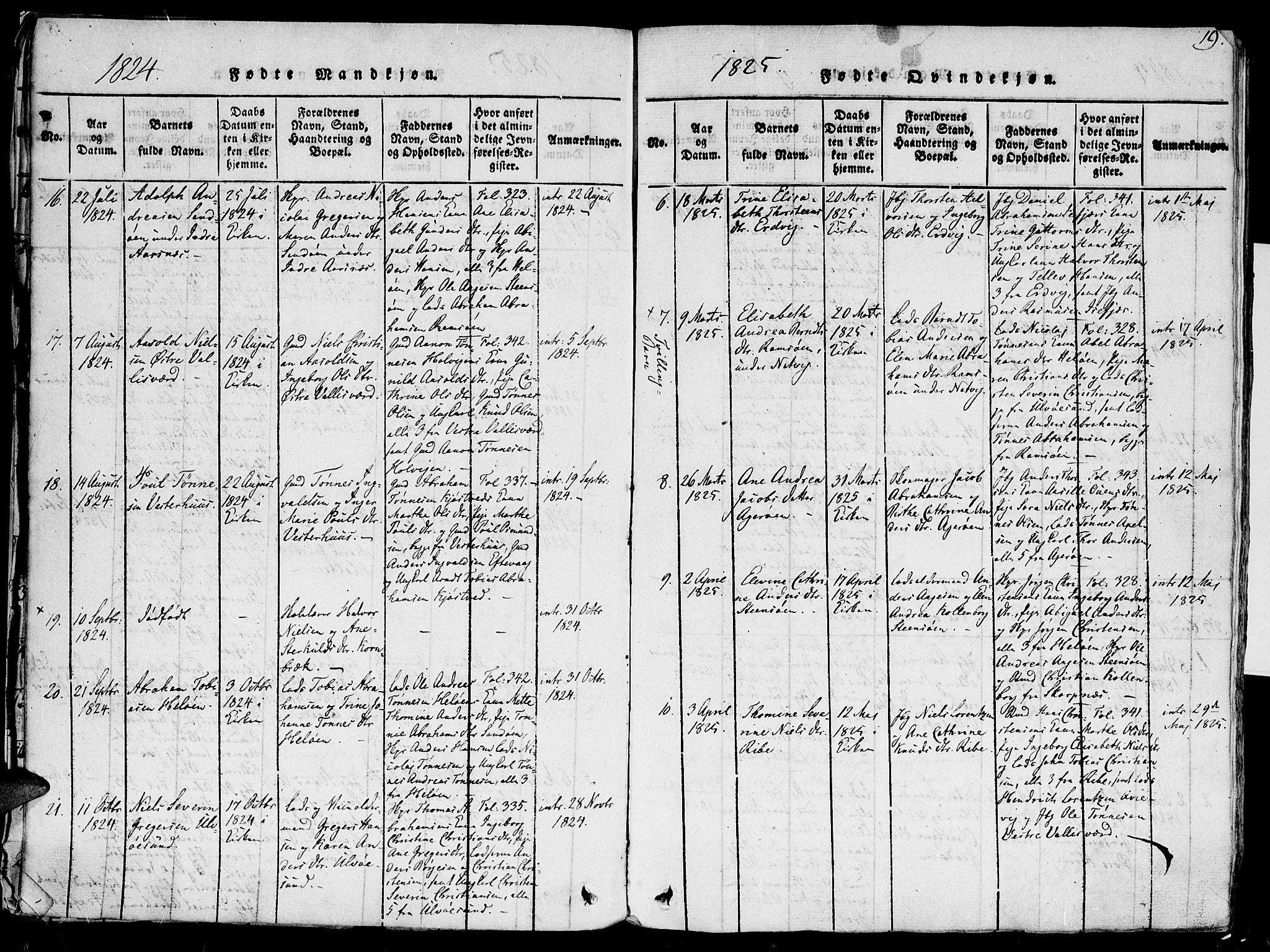 Høvåg sokneprestkontor, SAK/1111-0025/F/Fa/L0001: Parish register (official) no. A 1, 1816-1843, p. 19