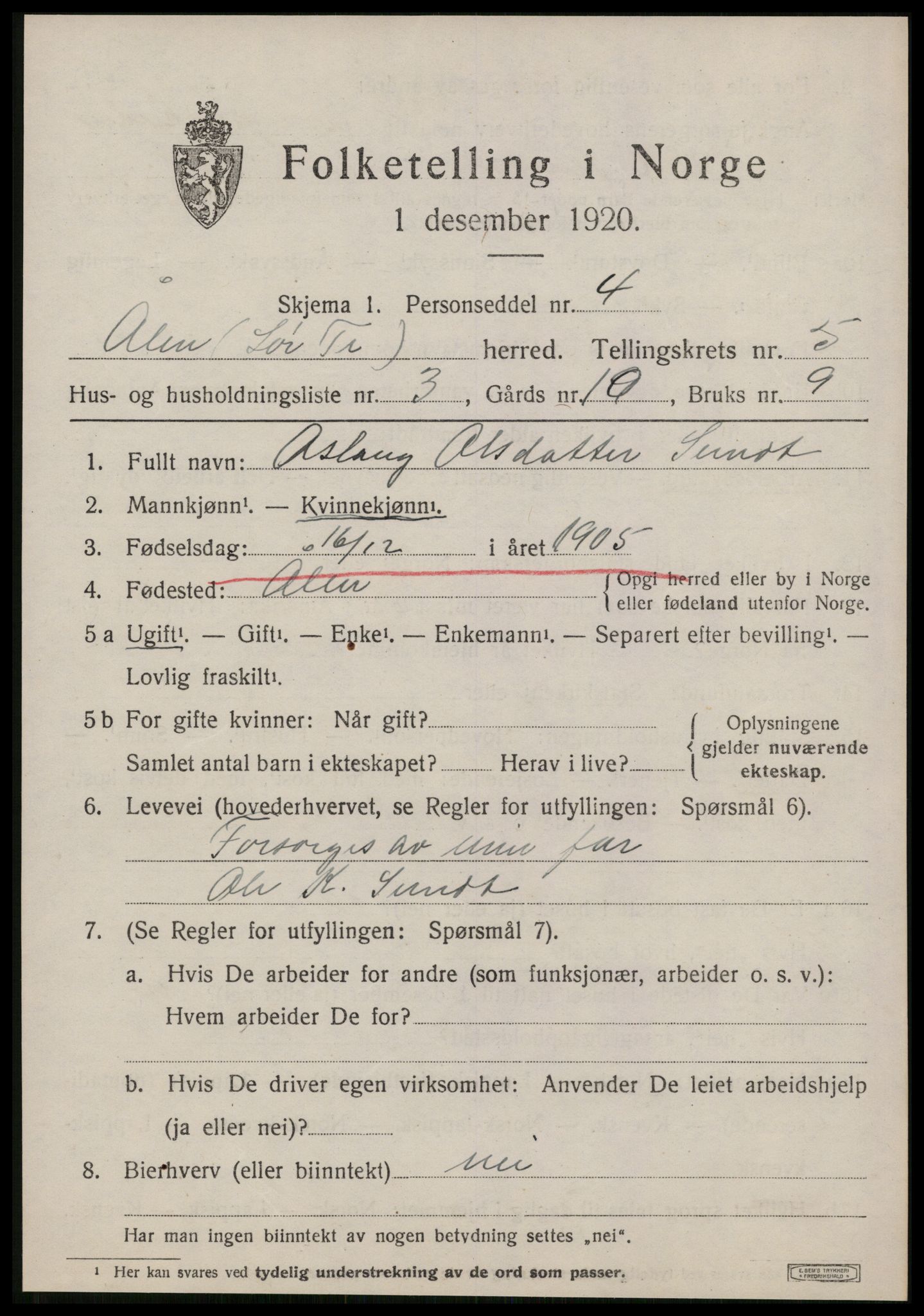 SAT, 1920 census for Ålen, 1920, p. 2360