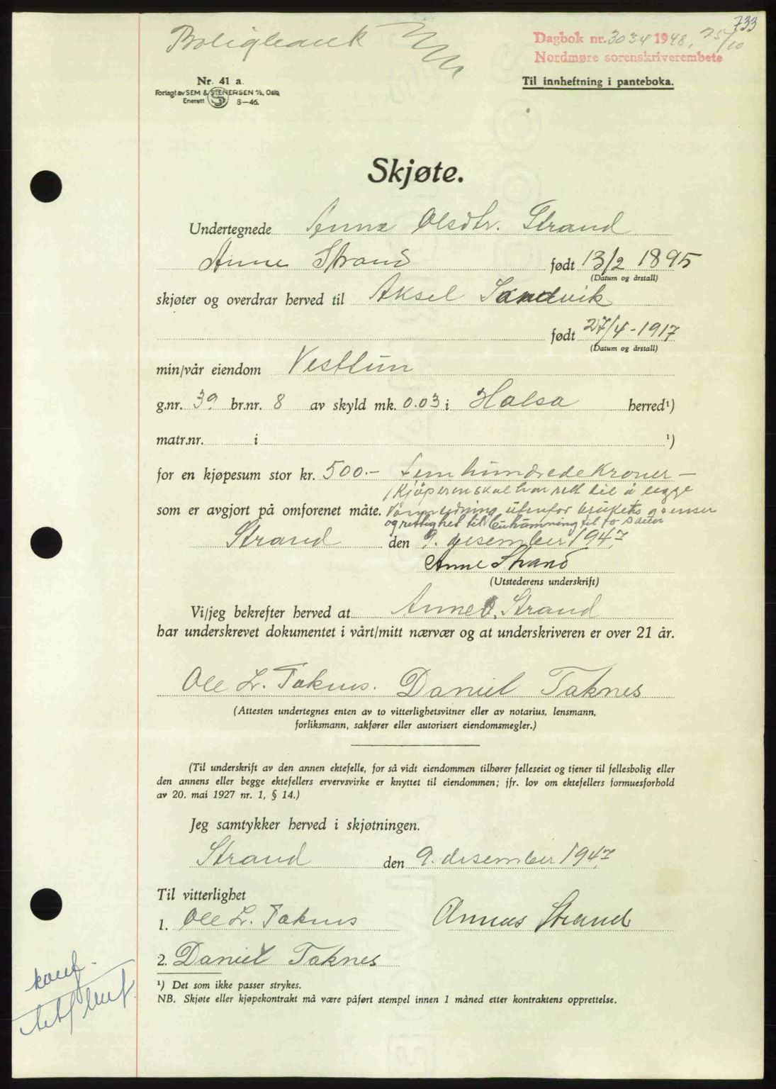 Nordmøre sorenskriveri, AV/SAT-A-4132/1/2/2Ca: Mortgage book no. A109, 1948-1948, Diary no: : 3034/1948