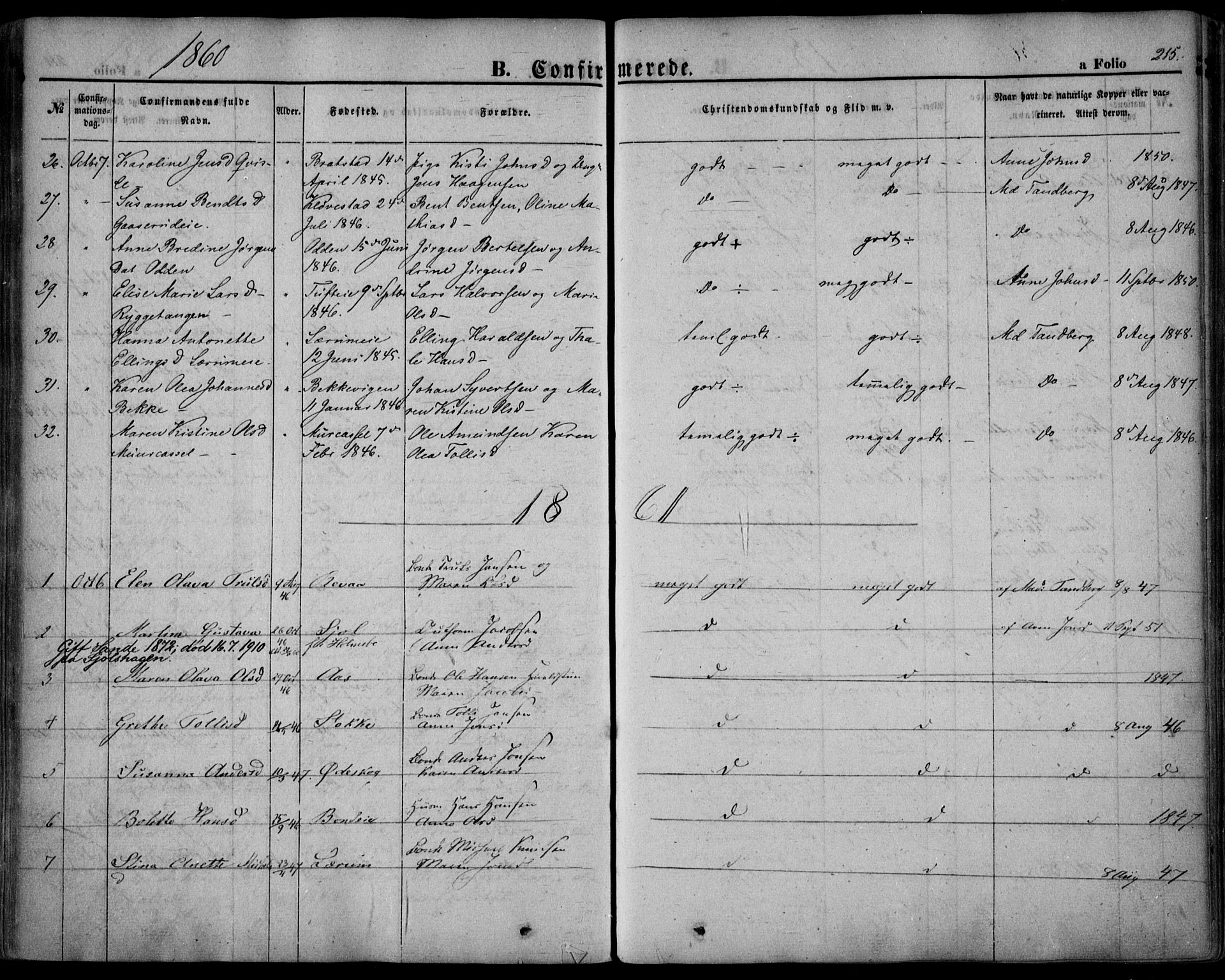 Sande Kirkebøker, AV/SAKO-A-53/F/Fa/L0004: Parish register (official) no. 4, 1847-1864, p. 215