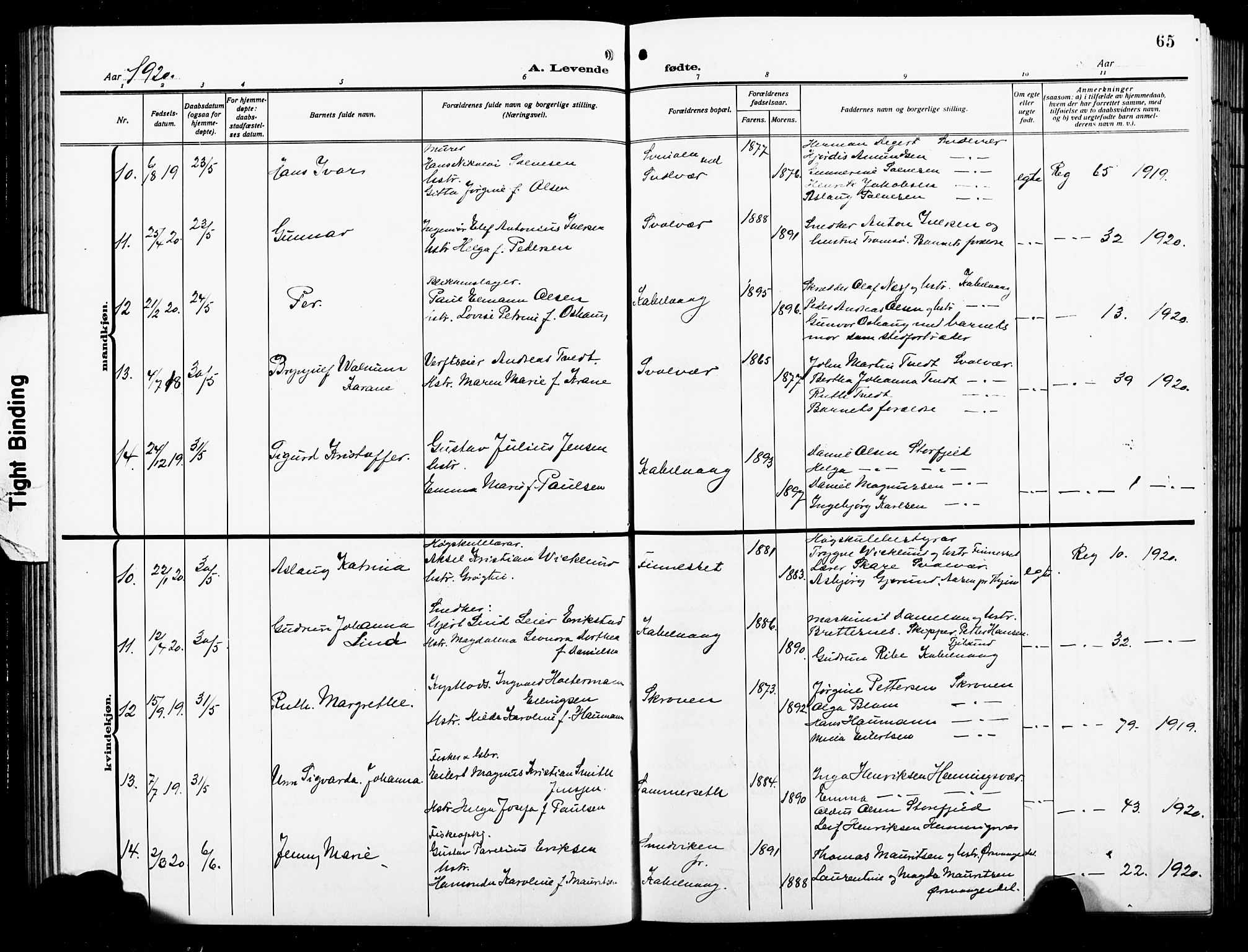 Ministerialprotokoller, klokkerbøker og fødselsregistre - Nordland, AV/SAT-A-1459/874/L1080: Parish register (copy) no. 874C09, 1915-1925, p. 65