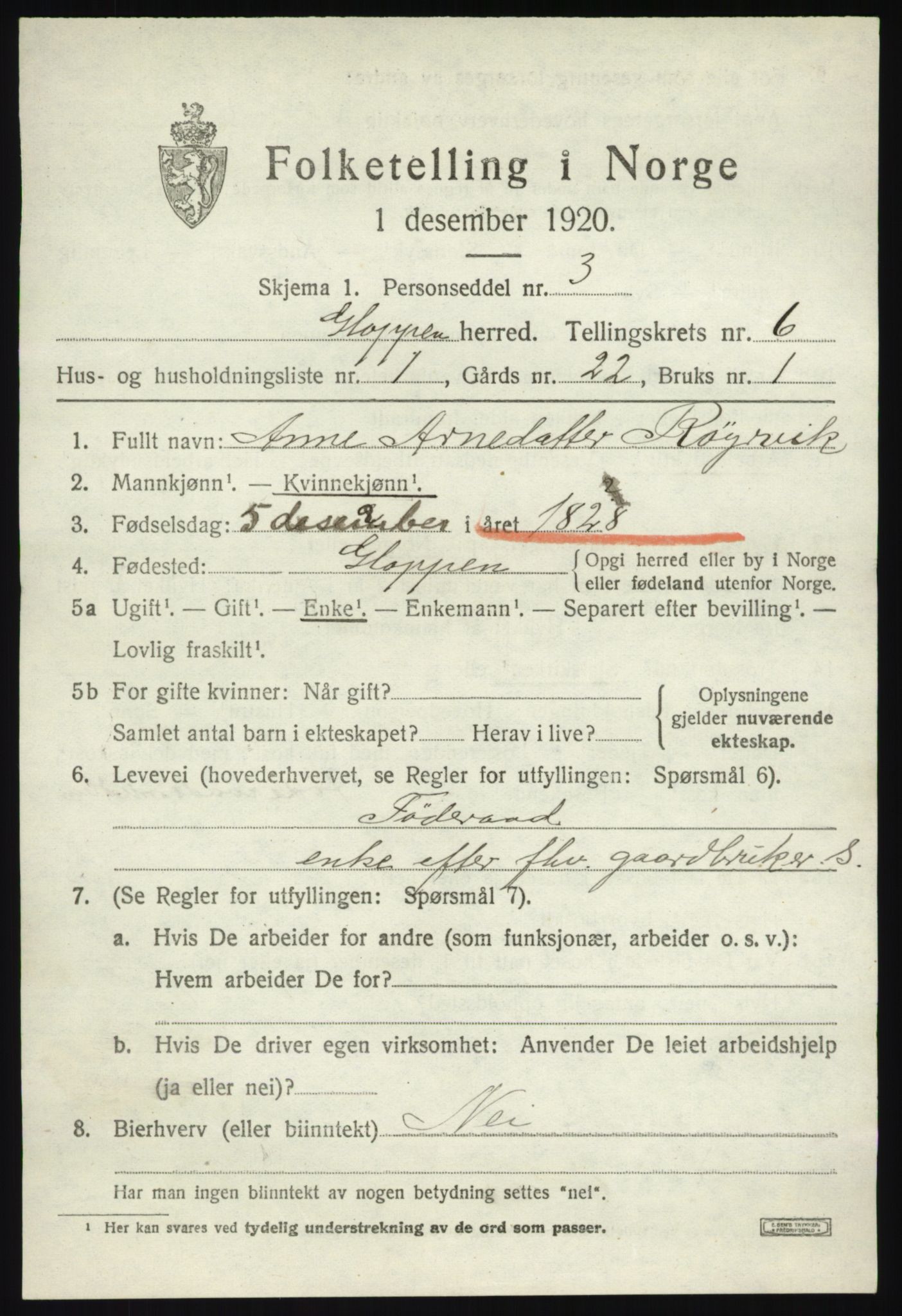 SAB, 1920 census for Gloppen, 1920, p. 3712