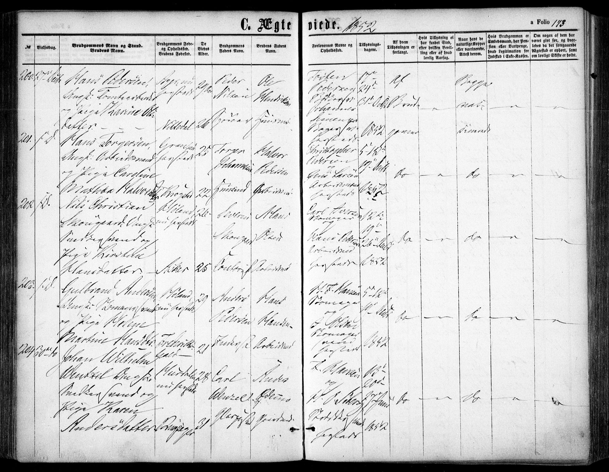 Oslo domkirke Kirkebøker, SAO/A-10752/F/Fa/L0020: Parish register (official) no. 20, 1848-1865, p. 173
