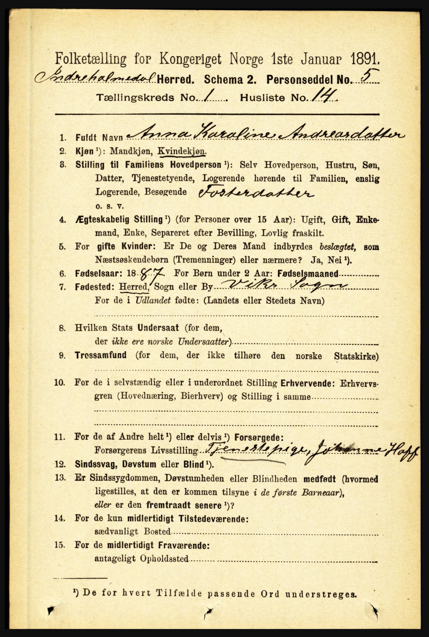 RA, 1891 census for 1430 Indre Holmedal, 1891, p. 167